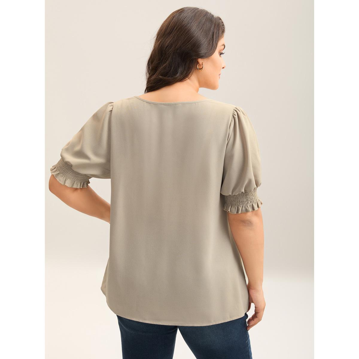 Plus Size Champagne Shirred Puff Sleeve Split Neck Shirt Women Half Sleeve Notched collar Work Blouses BloomChic 12/L Product Image