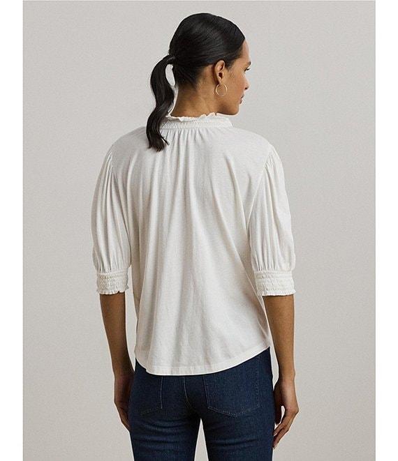 Lauren Ralph Lauren Ruffle Knit Jersey Paisley Floral Split V-Neck 3/4 Puff Sleeve Smocked Embroidered Top Product Image