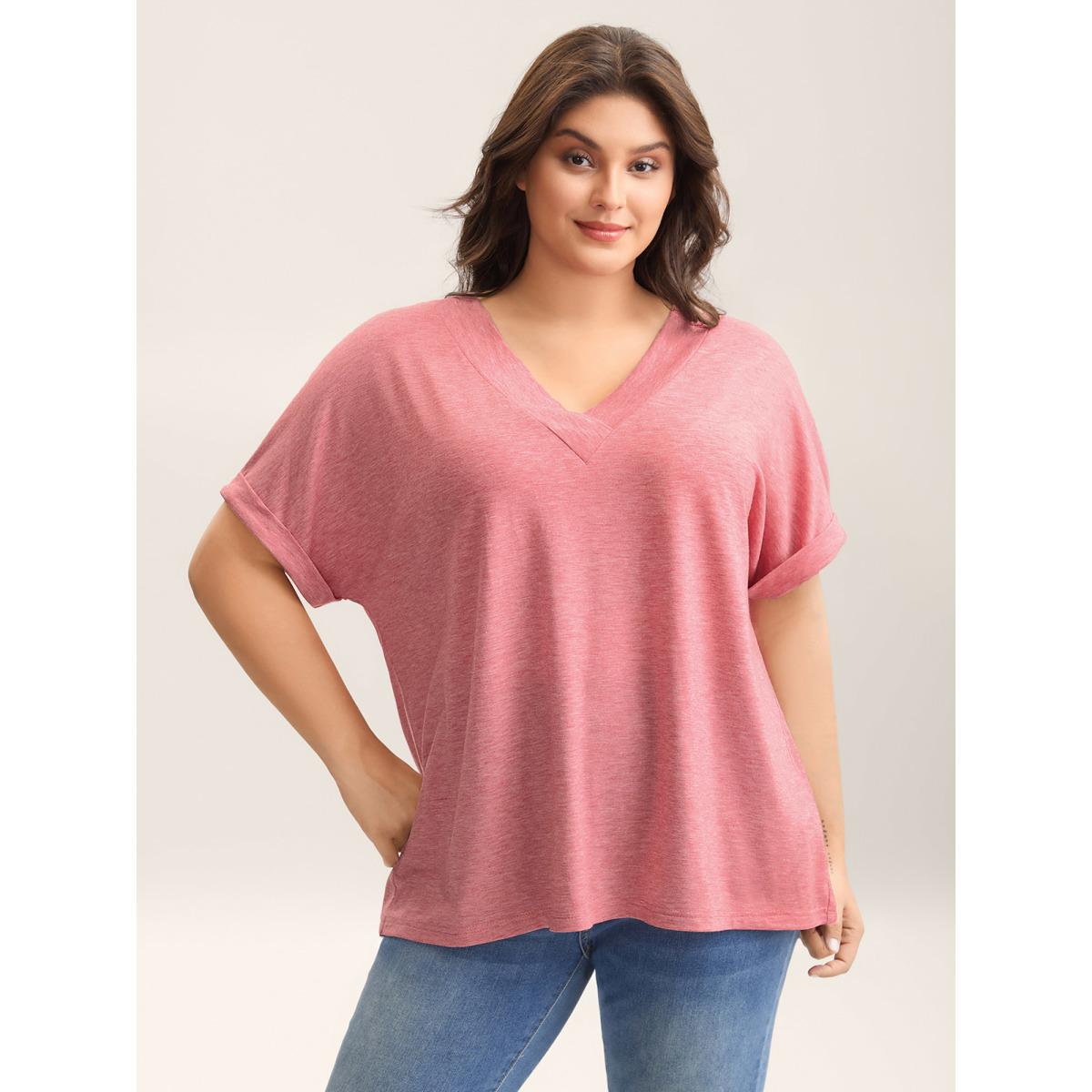 Plus Size Stretchy Heathered V-Neck Solid T-Shirt Beanpastepowder Women Casual Roll Hem V-neck Everyday T-shirts BloomChic 28/5X Product Image