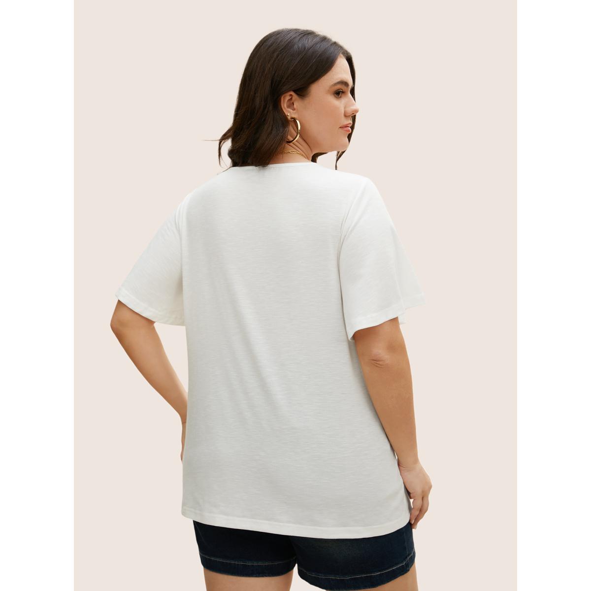 Plus Size V Neck Bandana Embroidered Design T-shirt WhiteSmoke Women Resort Embroidered Art&design V-neck Vacation T-shirts BloomChic 28/5X Product Image