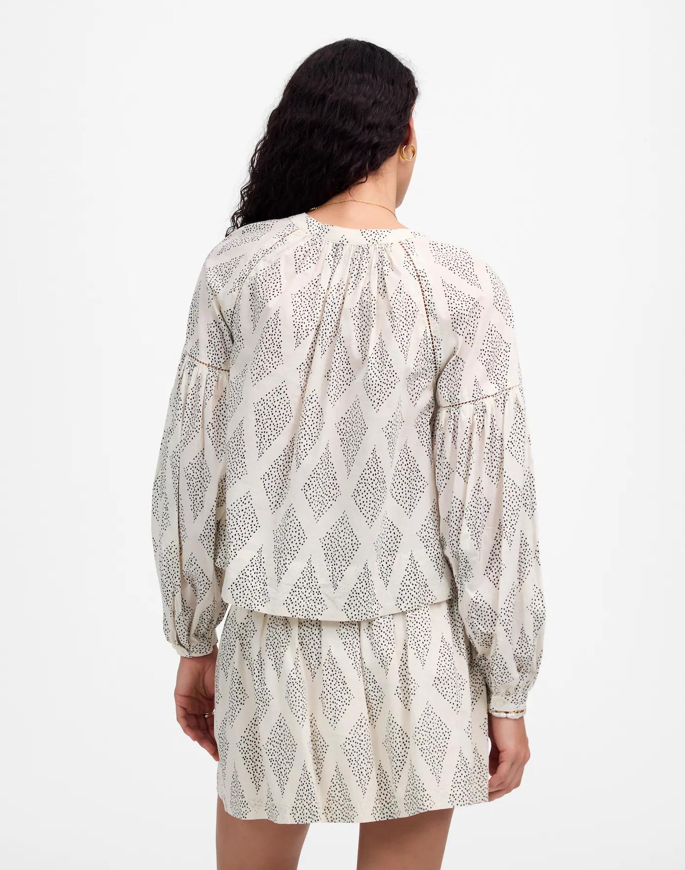 Shirred Balloon-Sleeve Top in Geometric Print Product Image