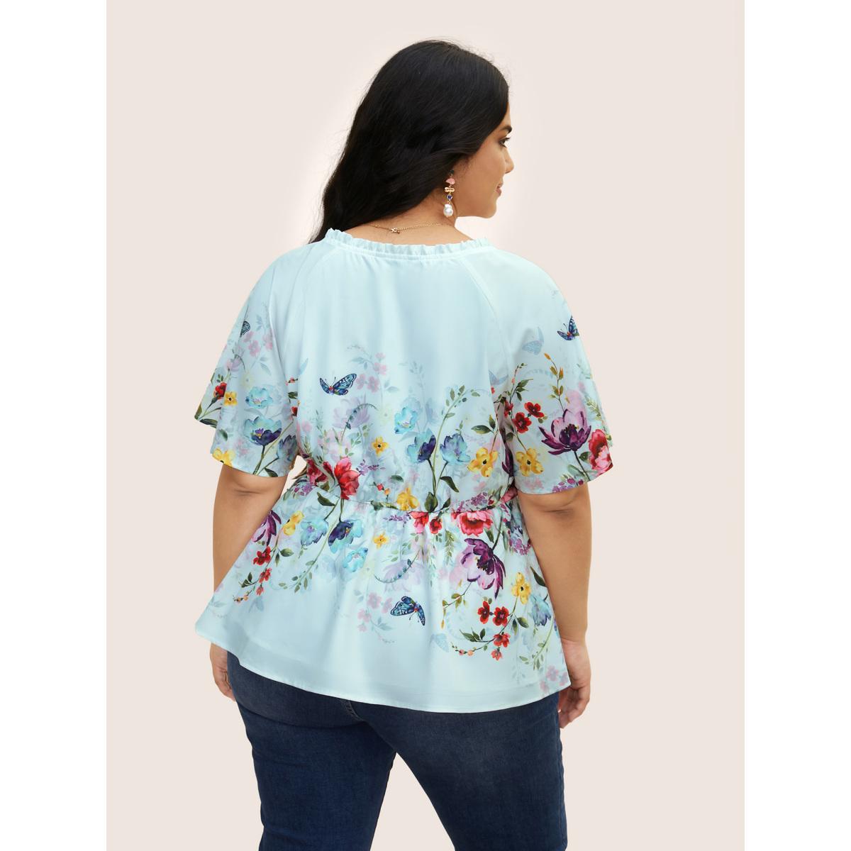 Plus Size Skyblue Floral Flat Collar With V Notch Frill Trim Blouse Women Elegant Short sleeve Flat collar with V-notch Everyday Blouses BloomChic 28/5X Product Image