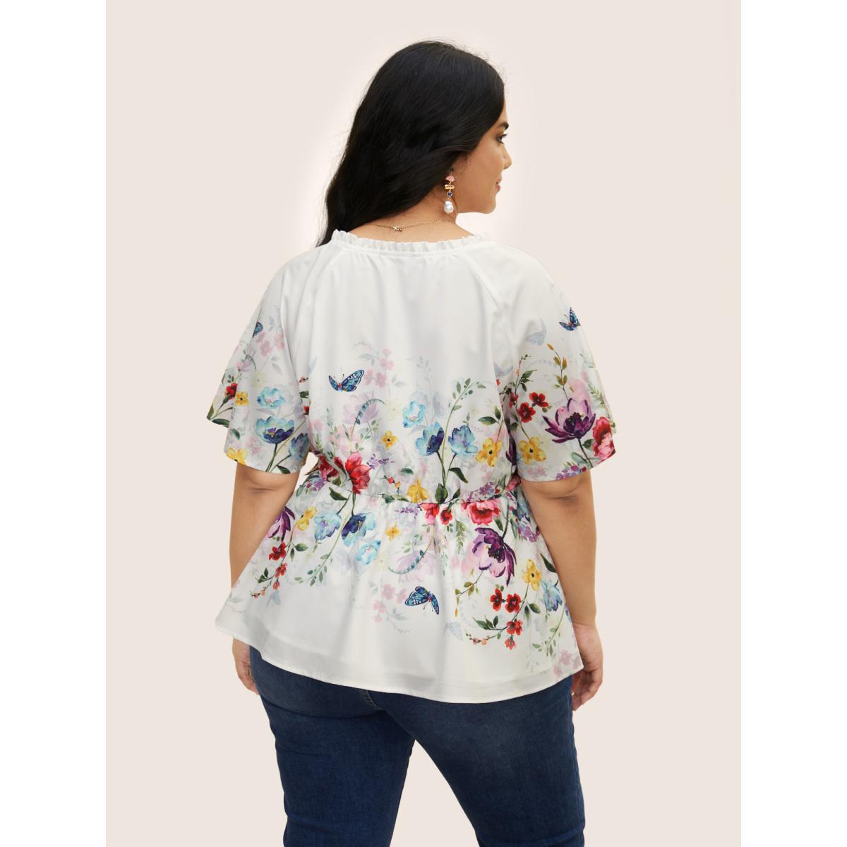 Plus Size Multicolor Floral Flat Collar With V Notch Frill Trim Blouse Women Timeless Short sleeve Flat collar with V-notch Elegant Blouses BloomChic 22-24/3X Product Image