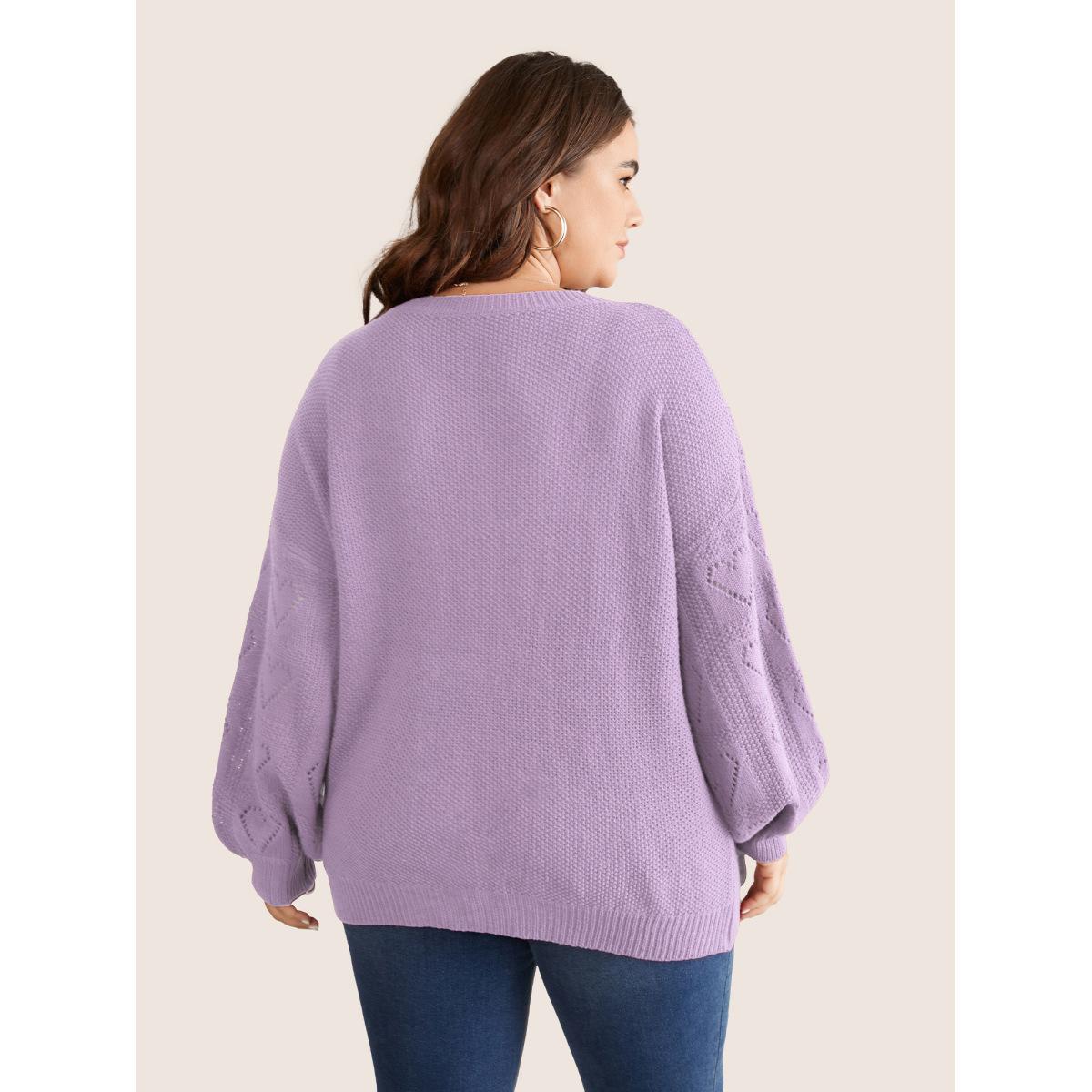 Plus Size Solid Heart Pointelle Lantern Sleeve Pullover Lilac Women Elegant Long Sleeve V-neck Everyday Pullovers BloomChic 28/5X Product Image