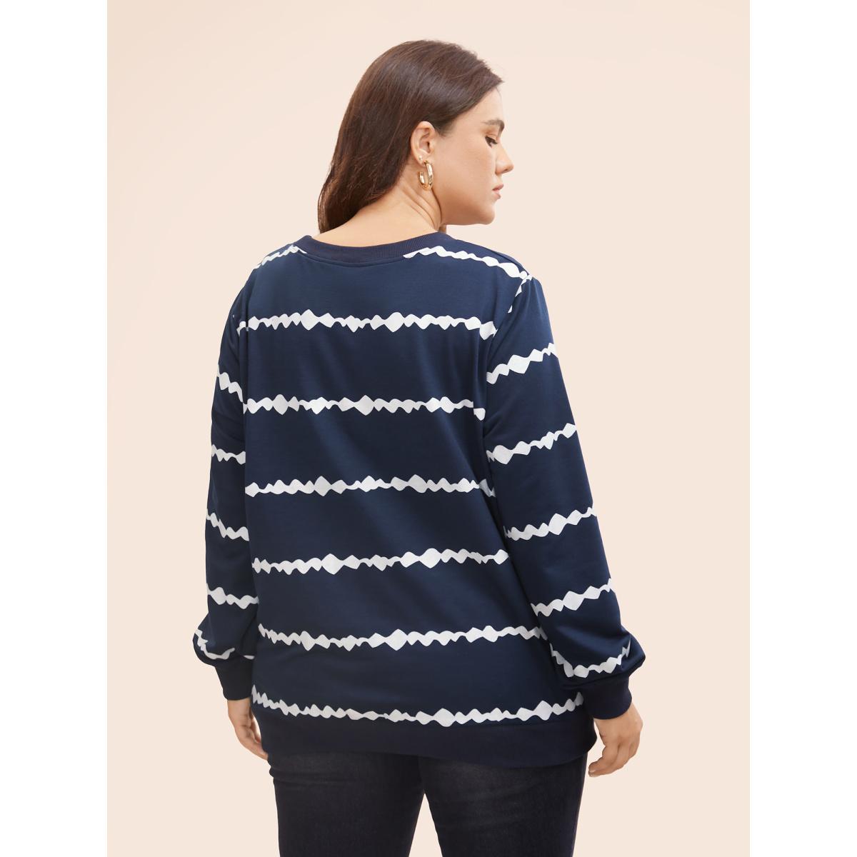 Plus Size Round Neck Asymmetrical Striped Sweatshirt Women Midnight Casual Contrast Round Neck Everyday Sweatshirts BloomChic 14-16/1X Product Image