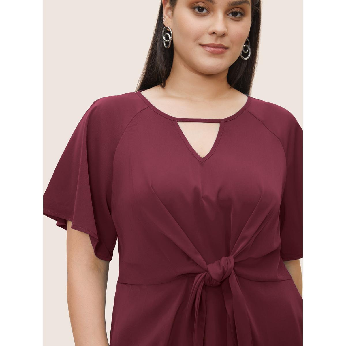 Plus Size Scarlet Plain Keyhole Knotted Front Ruffle Sleeve Blouse Women Work From Home Short sleeve Round Neck Work Blouses BloomChic 30/6X Product Image