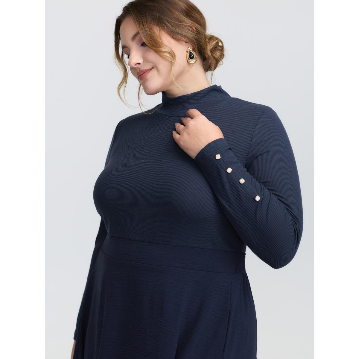 Plus Size Mock Neck Waist-Defining Button Midi Dress Indigo Women Timeless Texture Round Neck Long Sleeve Curvy BloomChic 30/6X Product Image