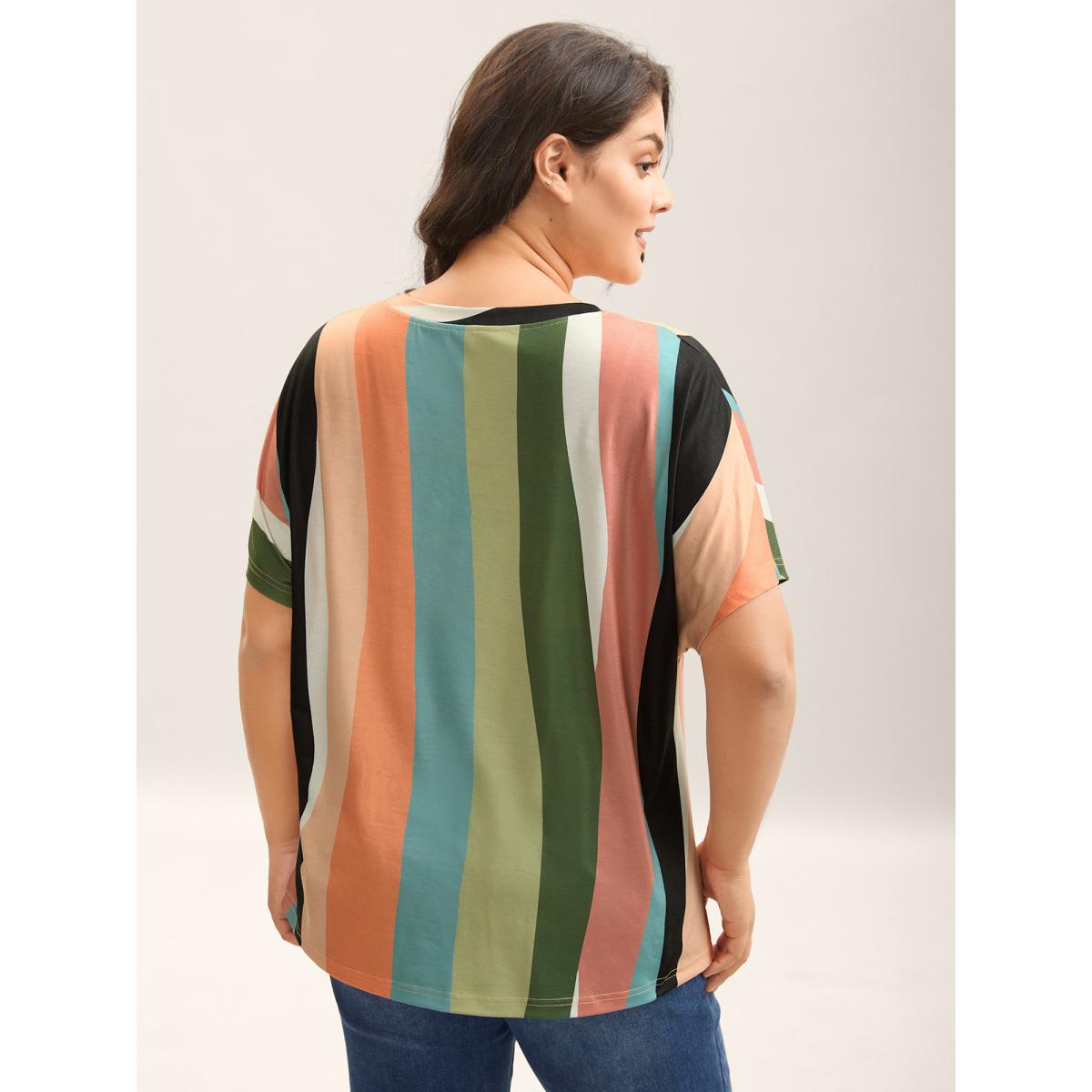 Plus Size Stretchy Colorful Irregular Stripes T-Shirt Multicolor Women Contrast V-neck Everyday-Casual T-shirts BloomChic 26/4X Product Image