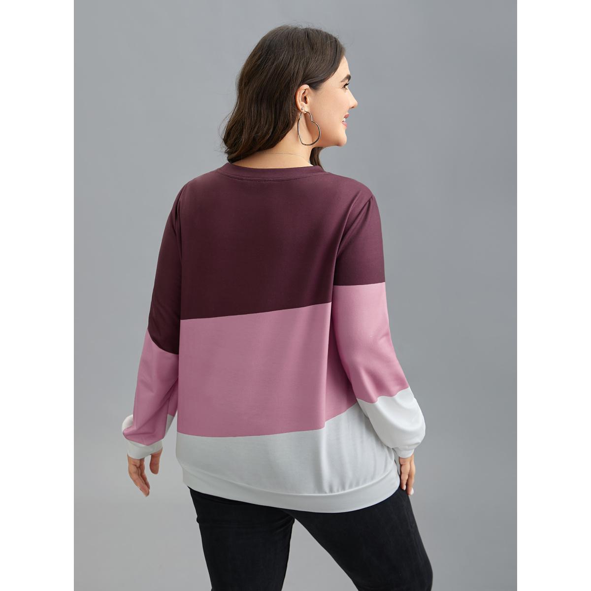 Plus Size Color Block Round Neck Sweatshirt Women Multicolor Casual Contrast V-neck Everyday Sweatshirts BloomChic 30/6X Product Image