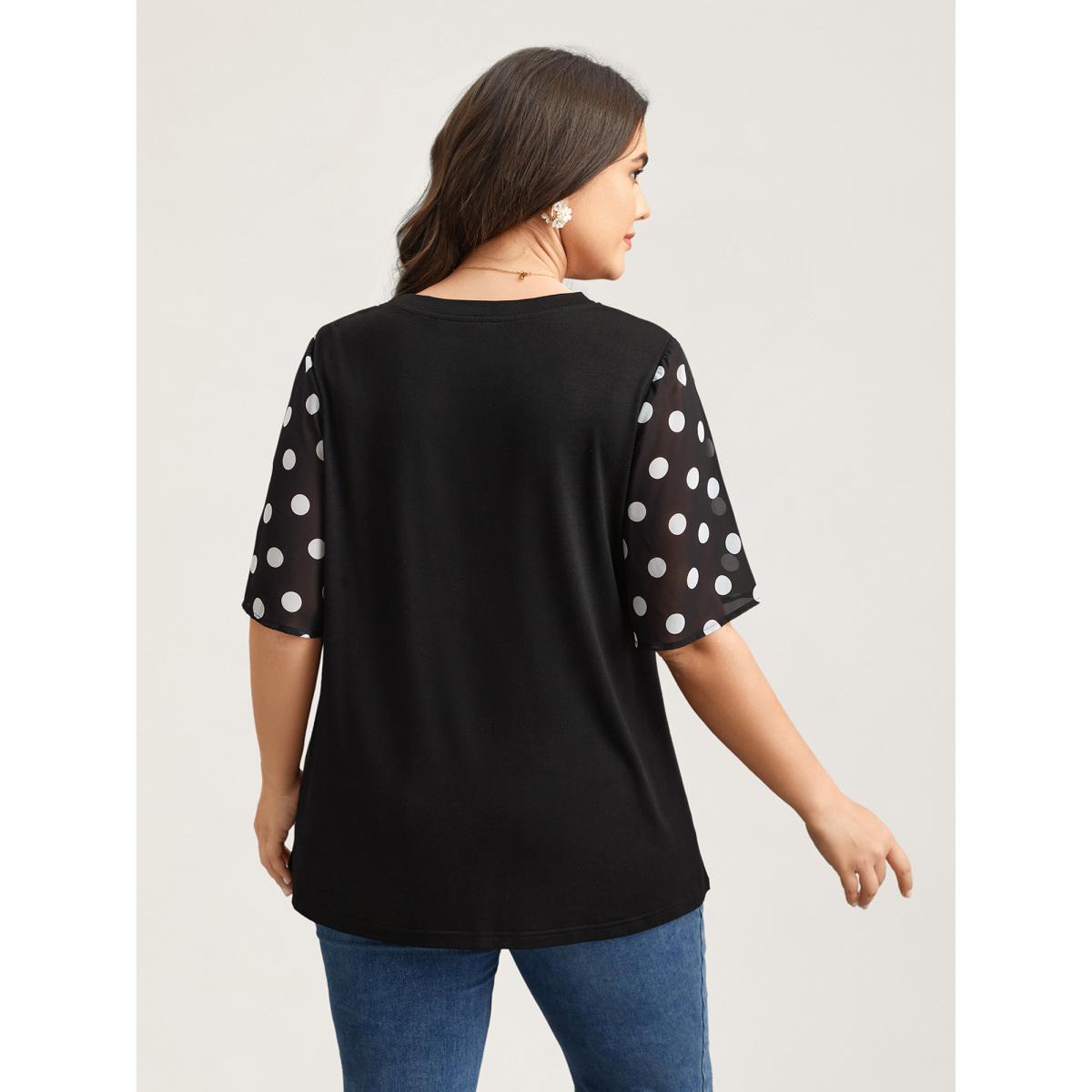 Plus Size Stretchy Sheer Dot Sleeve Textured T-Shirt Black Women Timeless See through Round Neck Elegant T-shirts BloomChic 12/L Product Image