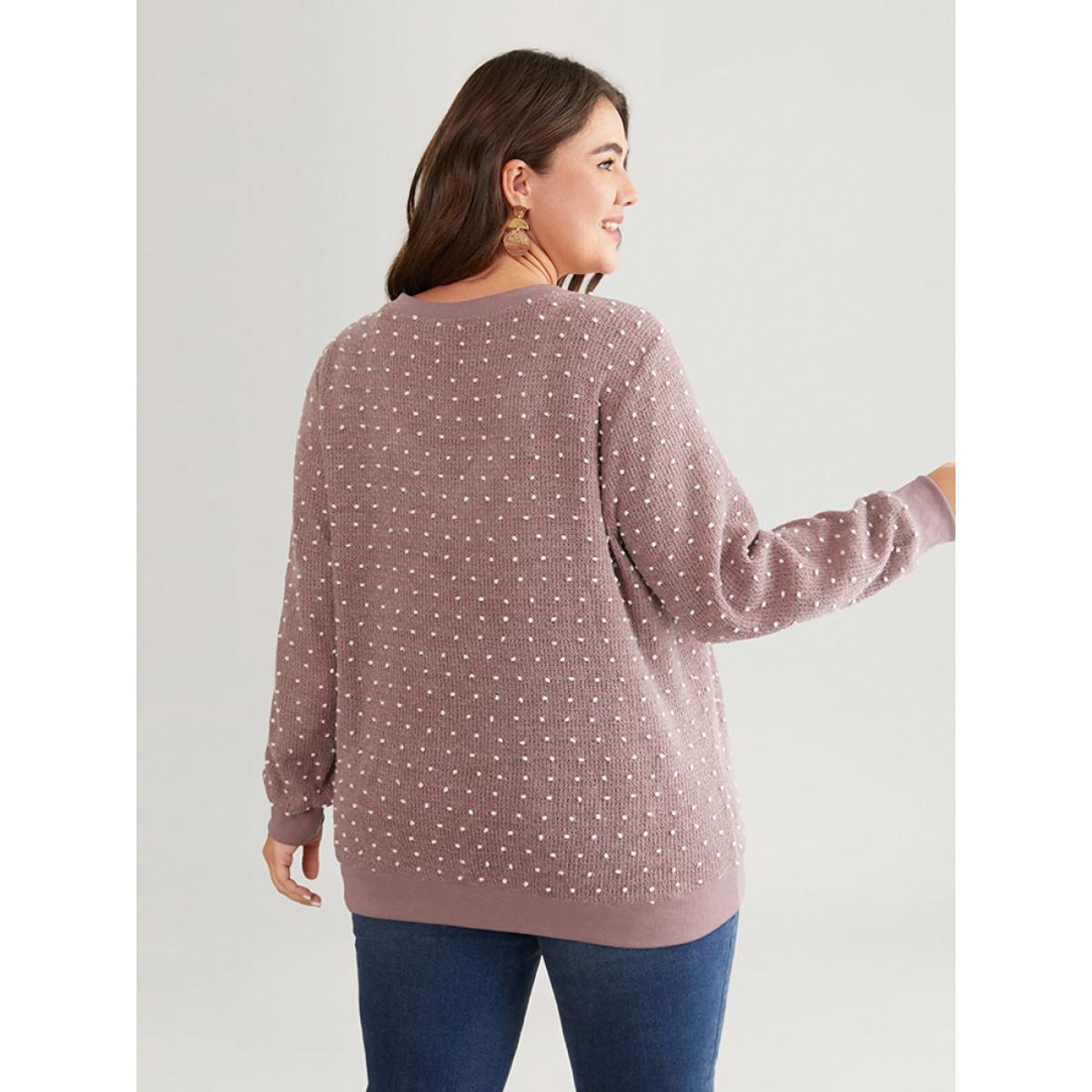 Plus Size Polka Dot Textured V Neck Rib Knit Sweatshirt Women Mauve Casual Rib Knit V-neck Dailywear Sweatshirts BloomChic 22-24/3X Product Image