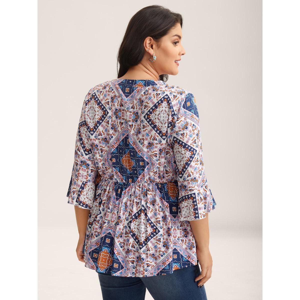 Plus Size Multicolor Boho Collage Print Notched Babydoll Top Women Elbow-length sleeve Notched collar Vacation Blouses BloomChic 22-24/3X Product Image