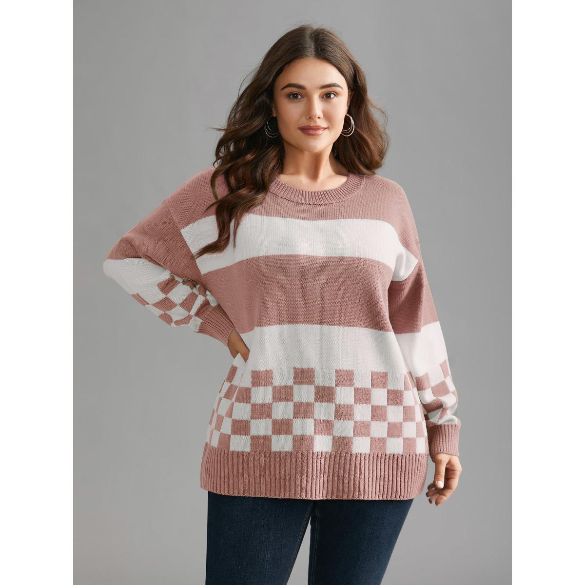 Plus Size Colorblock Contrast Round Neck Split Hem Pullover Crepe Women Leisure Loose Long Sleeve Round Neck Casual Pullovers BloomChic 28/5X Product Image
