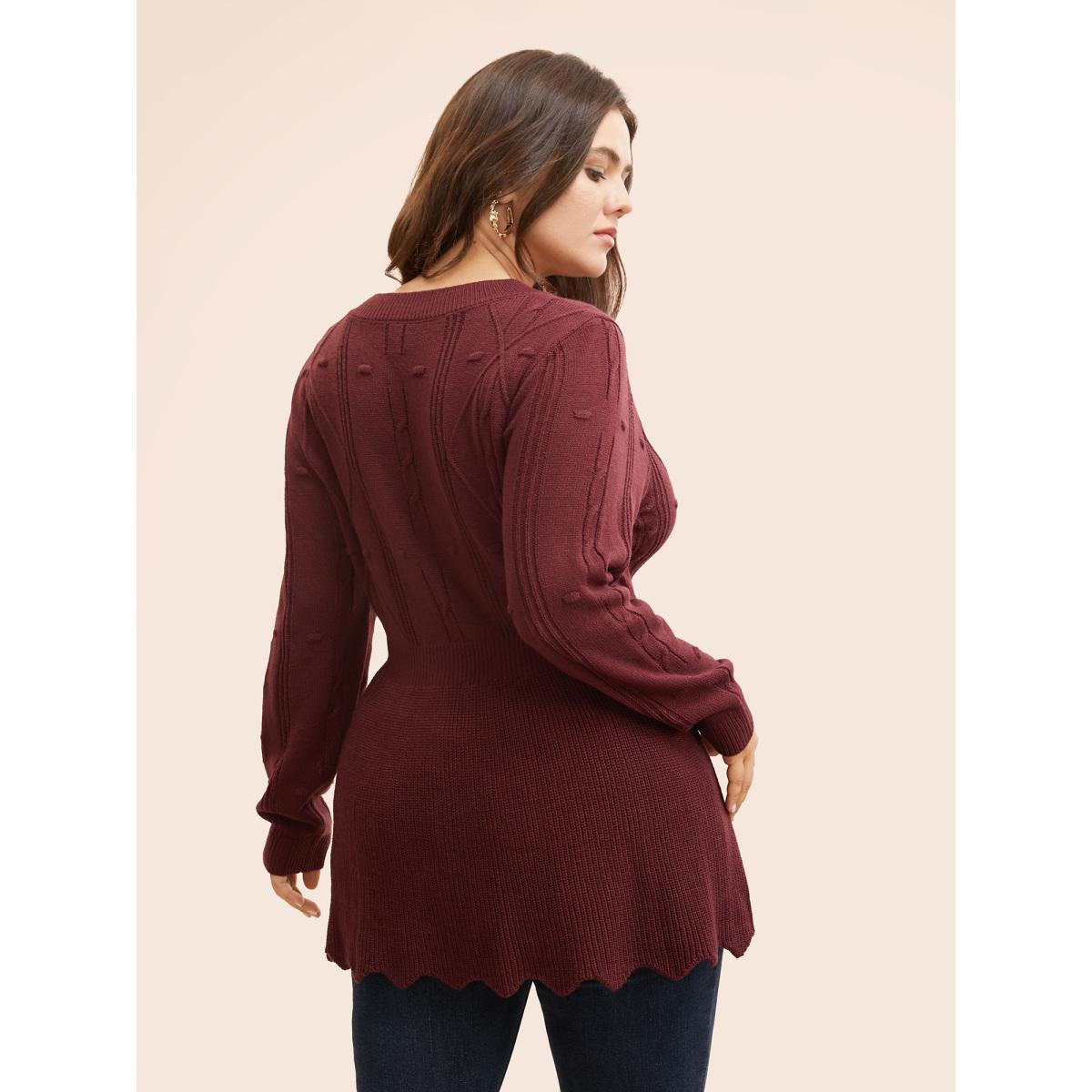 Plus Size Plain Textured Scalloped Trim Pullover Deepred Women Timeless Bodycon Long Sleeve Round Neck Elegant Pullovers BloomChic 18-20/2X Product Image
