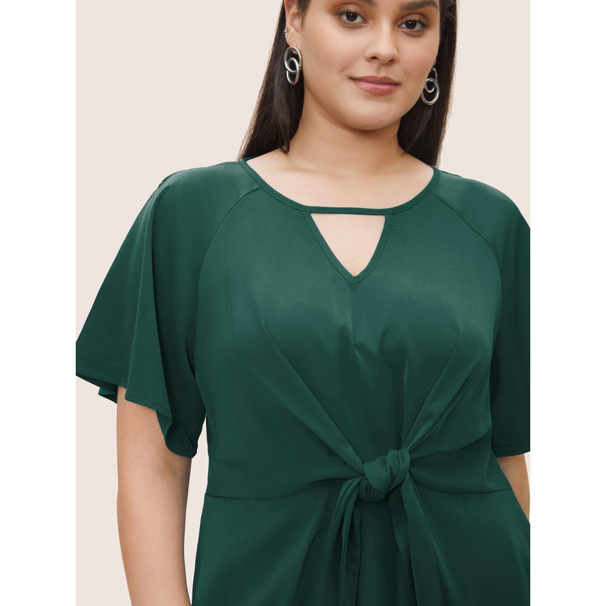 Plus Size DarkGreen Plain Keyhole Knotted Front Ruffle Sleeve Blouse Women Work From Home Short sleeve Round Neck Work Blouses BloomChic 28/5X Product Image