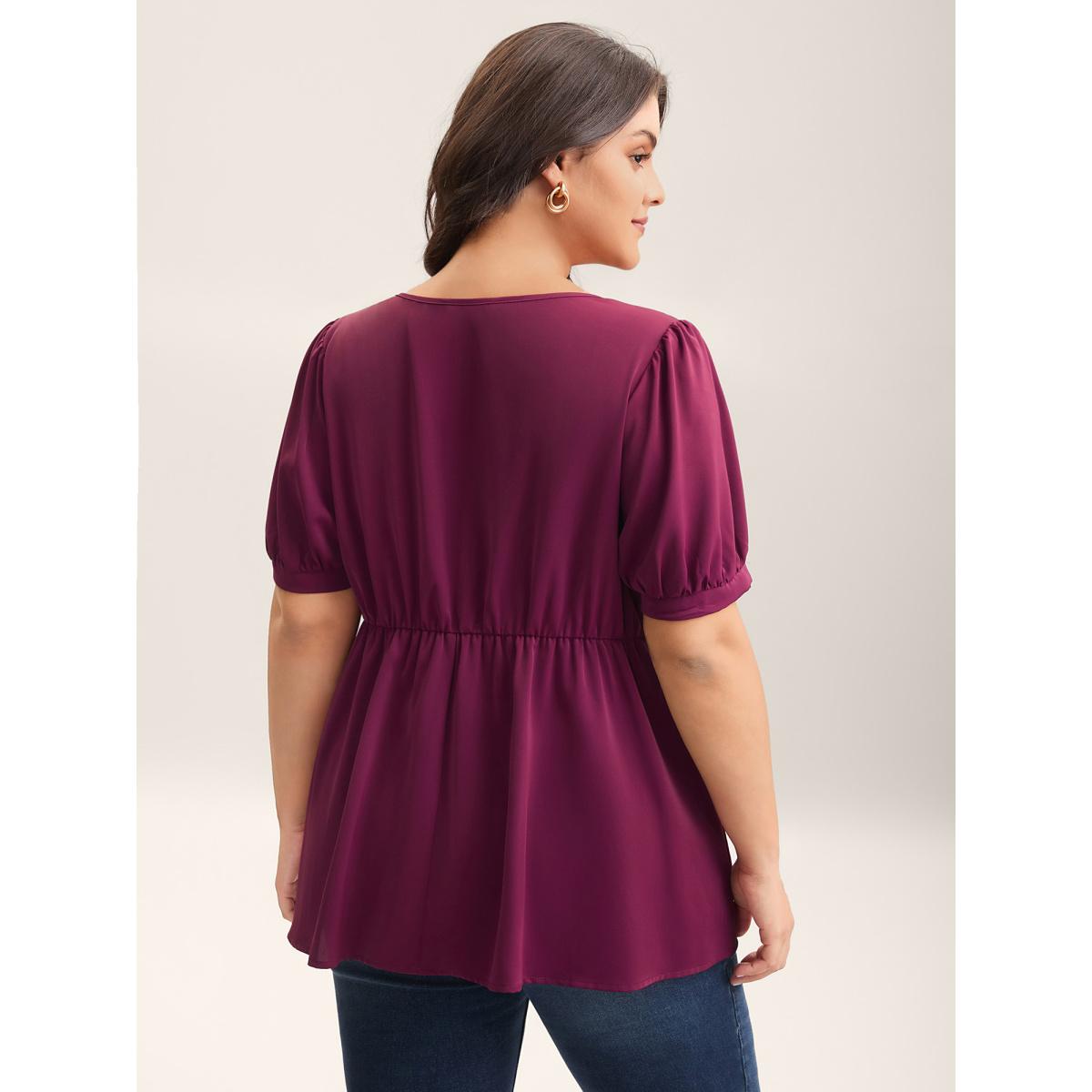 Plus Size Plum Button Detail Waist-Cinched A Line Blouse Women At the Office Short sleeve V-neck Work Blouses BloomChic 14-16/1X Product Image
