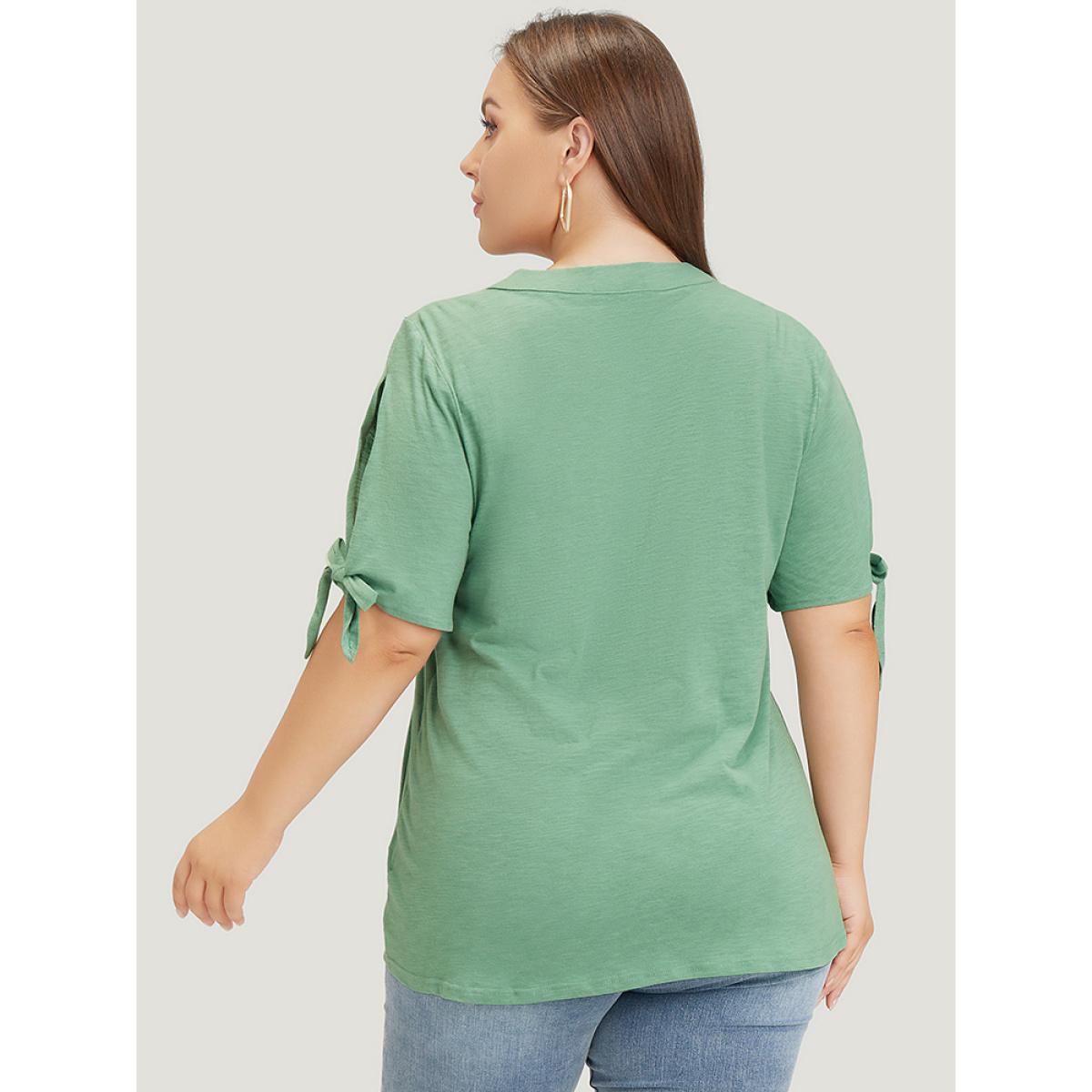 Plus Size Solid Button Up Notched Knot Sleeve Cut Out T-shirt Mint Women Casual Heather Plain Notched collar Dailywear T-shirts BloomChic 22-24/3X Product Image