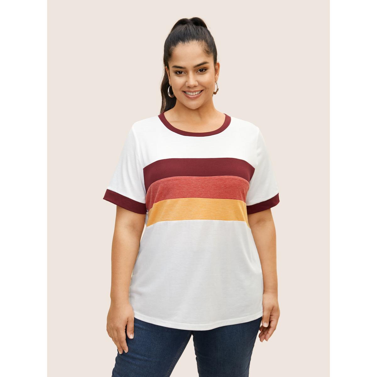 Plus Size Round Neck Striped Contrast Patchwork T-shirt Originalwhite Women Casual Contrast Round Neck Everyday T-shirts BloomChic 18-20/2X Product Image