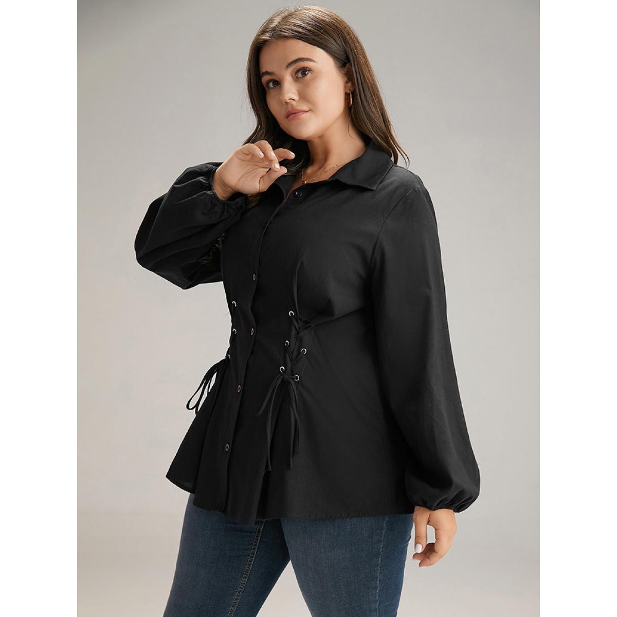 Plus Size Black Cotton Shirt Collar Lace Up Blouse Women Office Long Sleeve Shirt collar Work Blouses BloomChic 28/5X Product Image