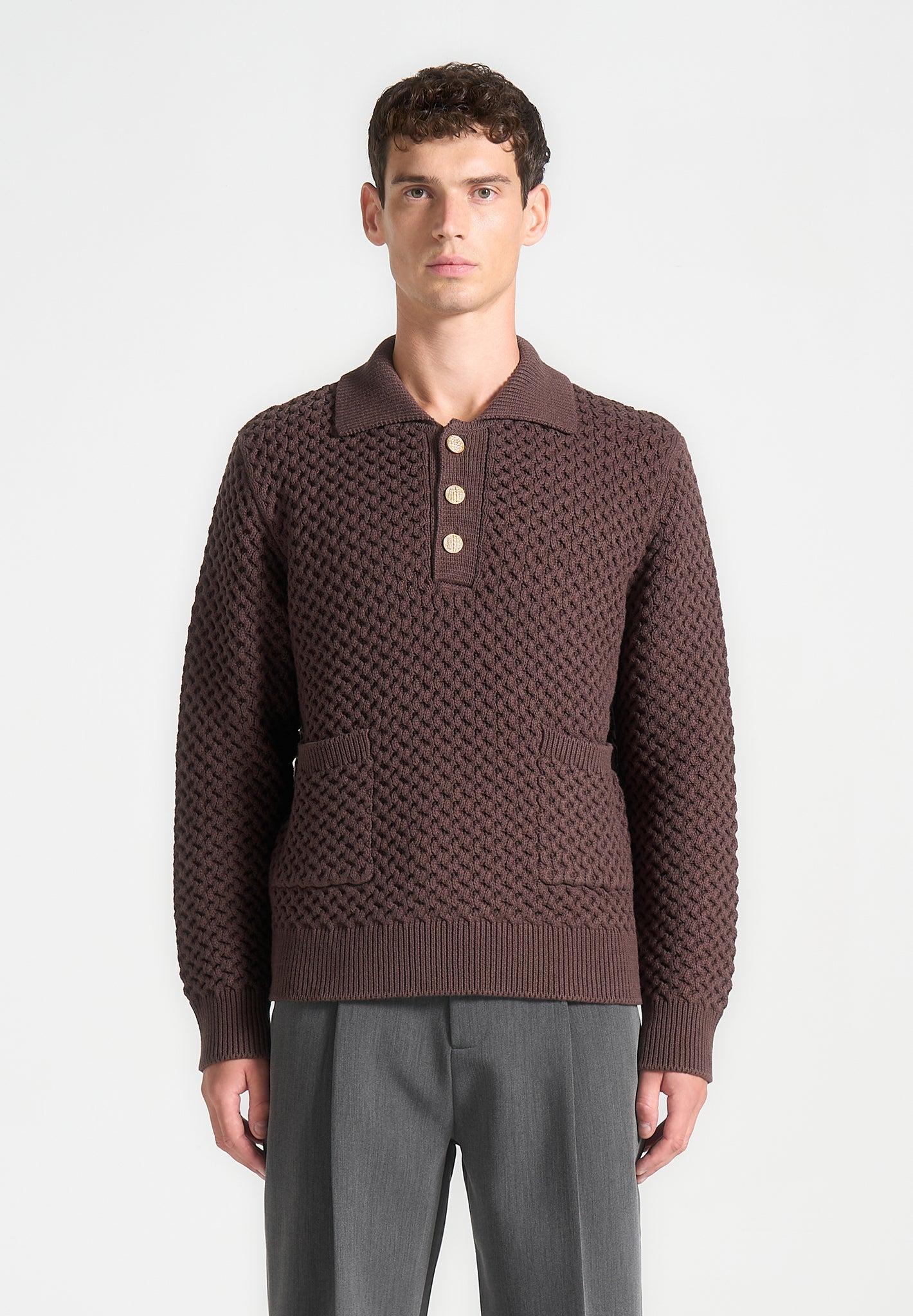 Waffle Knit Polo Jumper - Brown Male Product Image