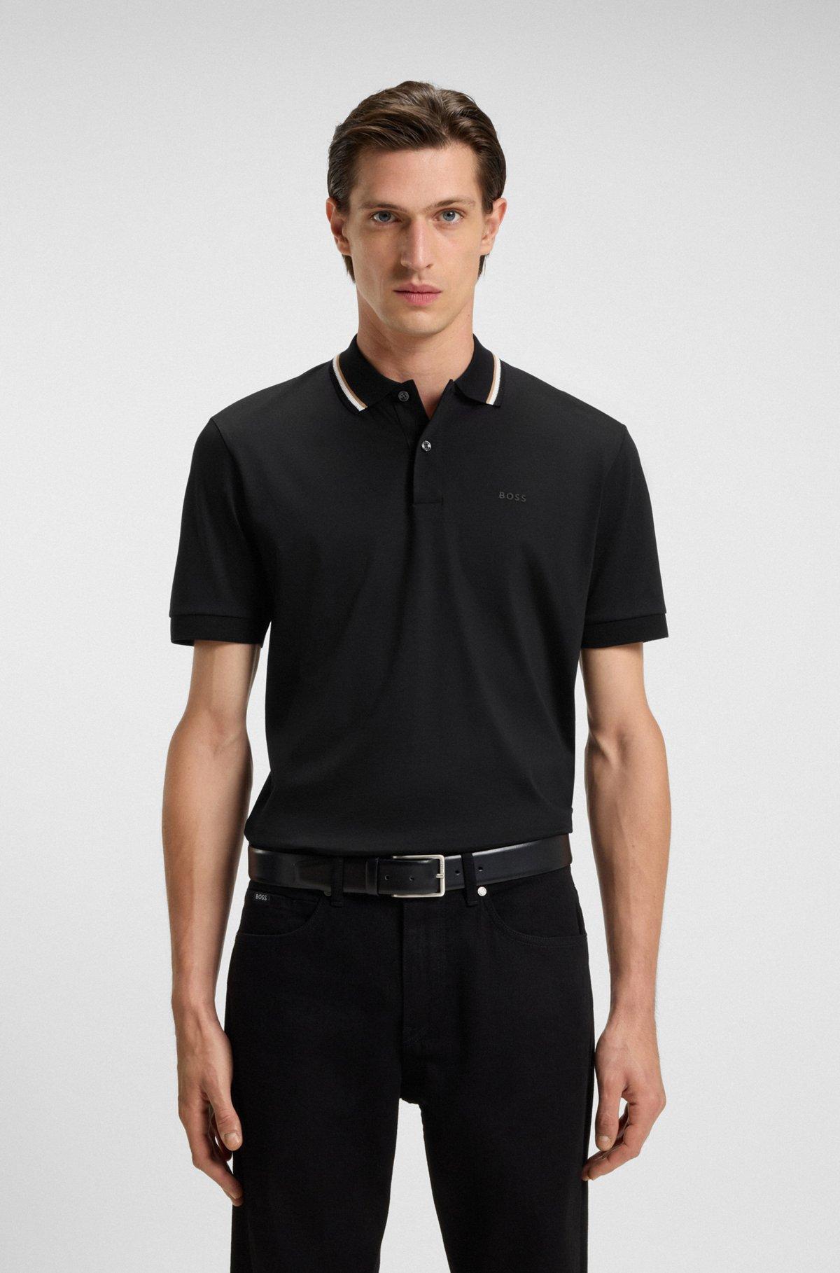 Slim-fit polo shirt in cotton with striped collar Product Image