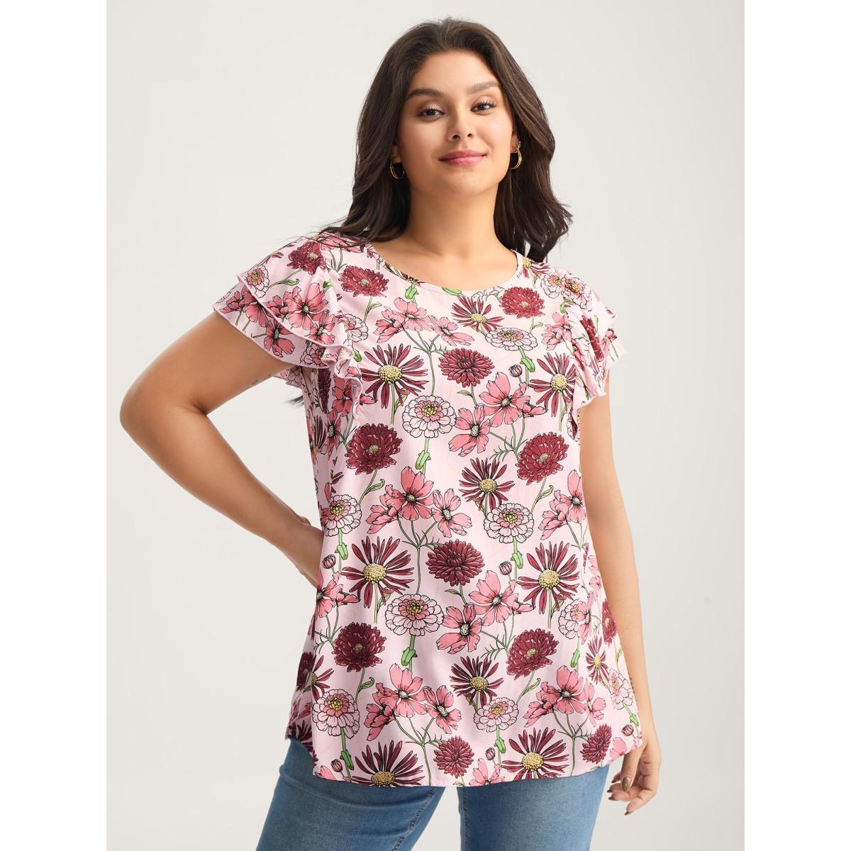 Plus Size Lightpink Large Floral Print Layered Sleeve Blouse Women Cap Sleeve Round Neck Everyday-Elegant Blouses BloomChic 28/5X Product Image