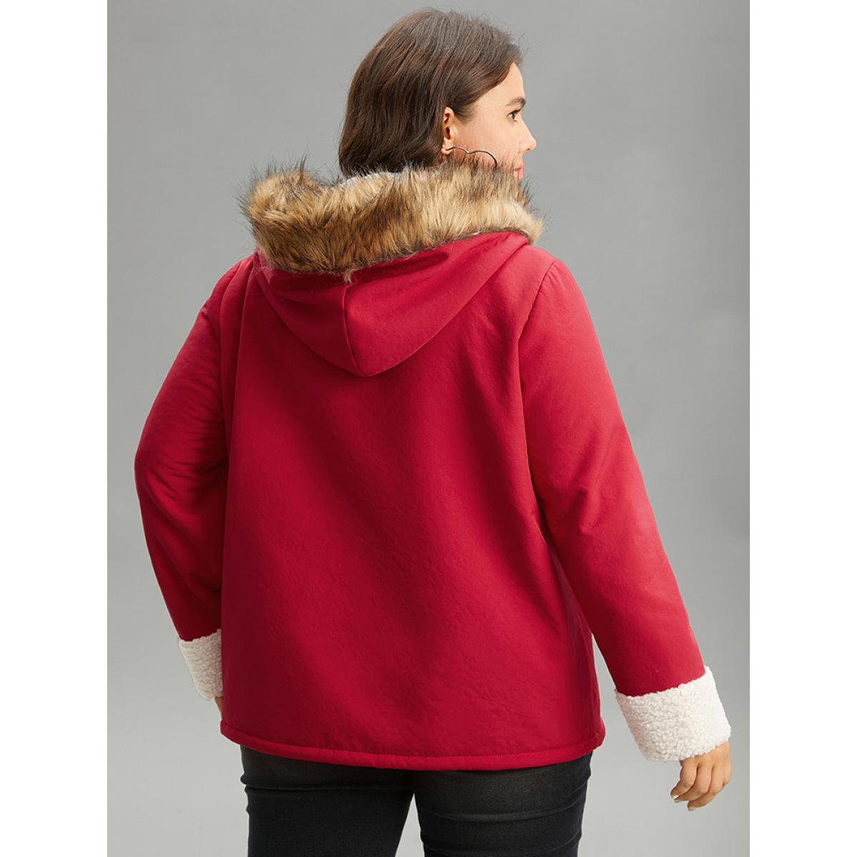 Plus Size Patchwork Fuzzy Trim Pocket Hooded Jacket Women Red Casual Contrast Ladies Party Winter Coats BloomChic 12/L Product Image