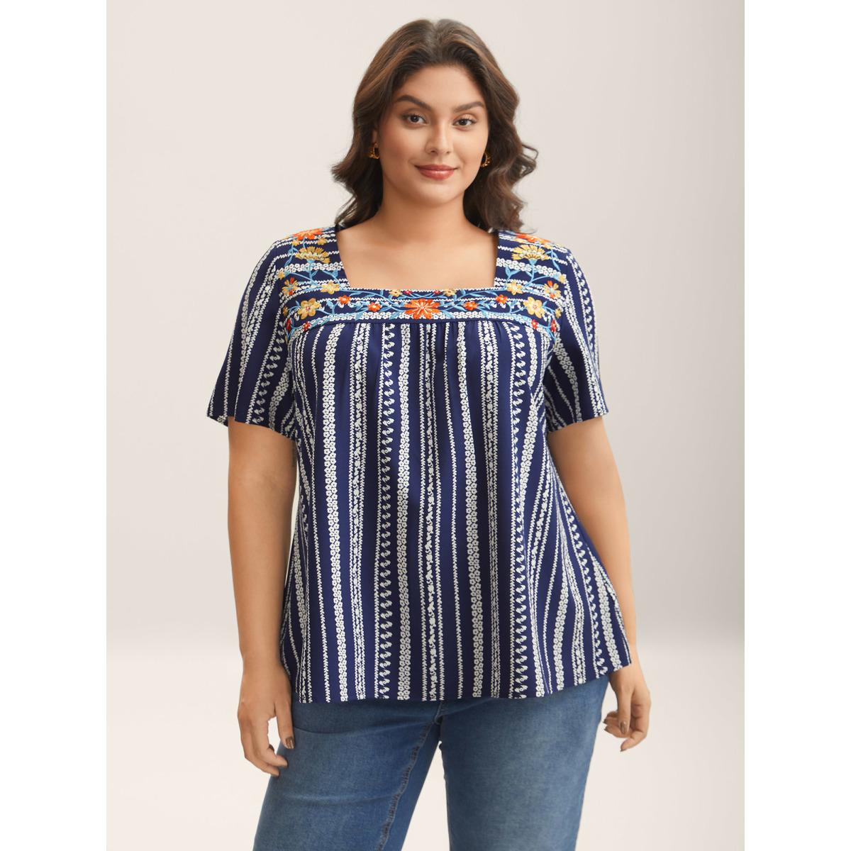 Plus Size DarkBlue Embroidered Striped Print Square Neck Blouse Women Short sleeve Square Neck Everyday-Elegant Blouses BloomChic 26/4X Product Image