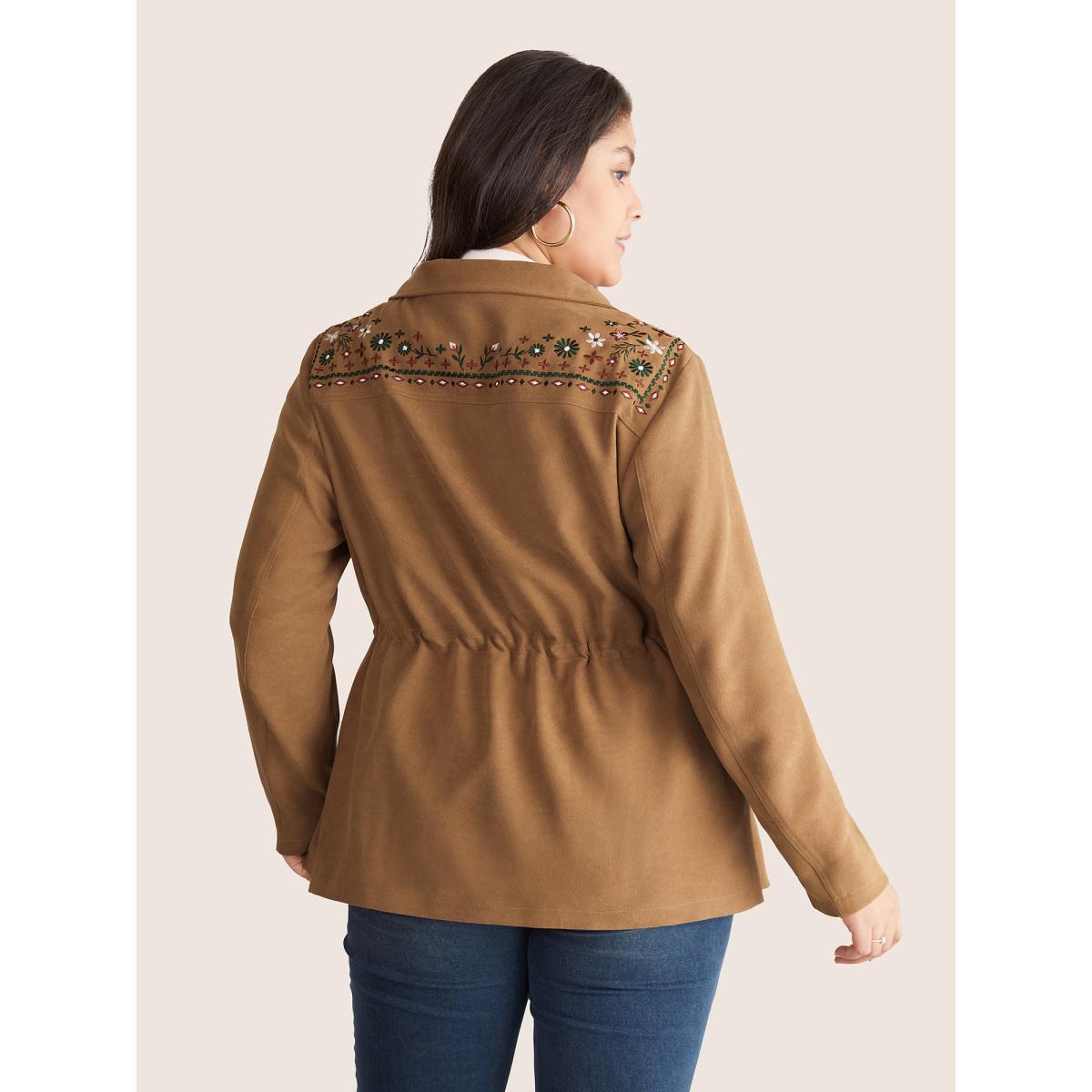 Plus Size Ditsy Floral Embroidered Drawstring Pocket Jacket Women LightBrown Lined Pocket Dailywear Jackets BloomChic 12/L Product Image