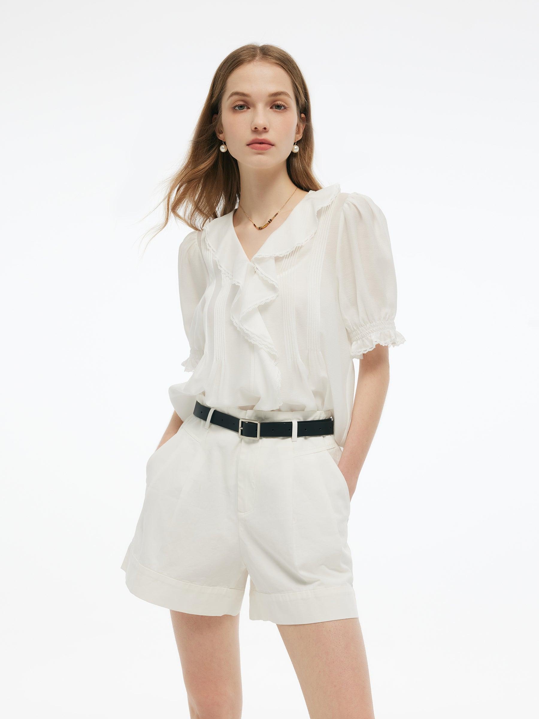 Acetate Blend Ruffle V-Neck Women Blouse Product Image