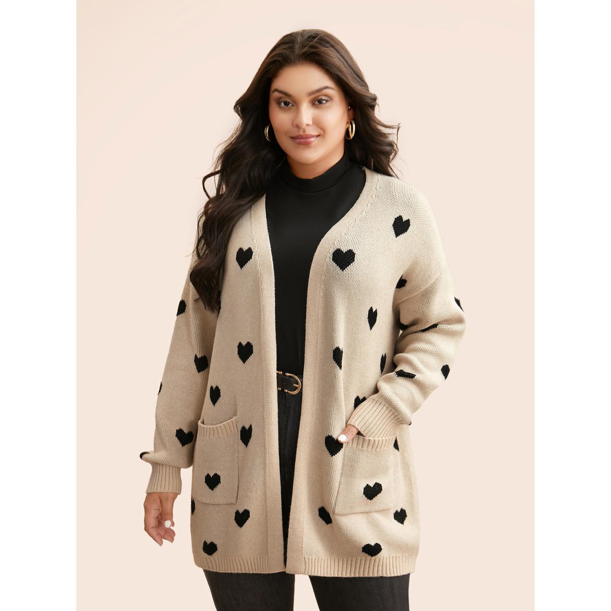 Plus Size Heart-shaped Pattern Patch Pocket Cardigan Apricot Women Basics Loose Long Sleeve Everyday Cardigans BloomChic 14-16/1X Product Image