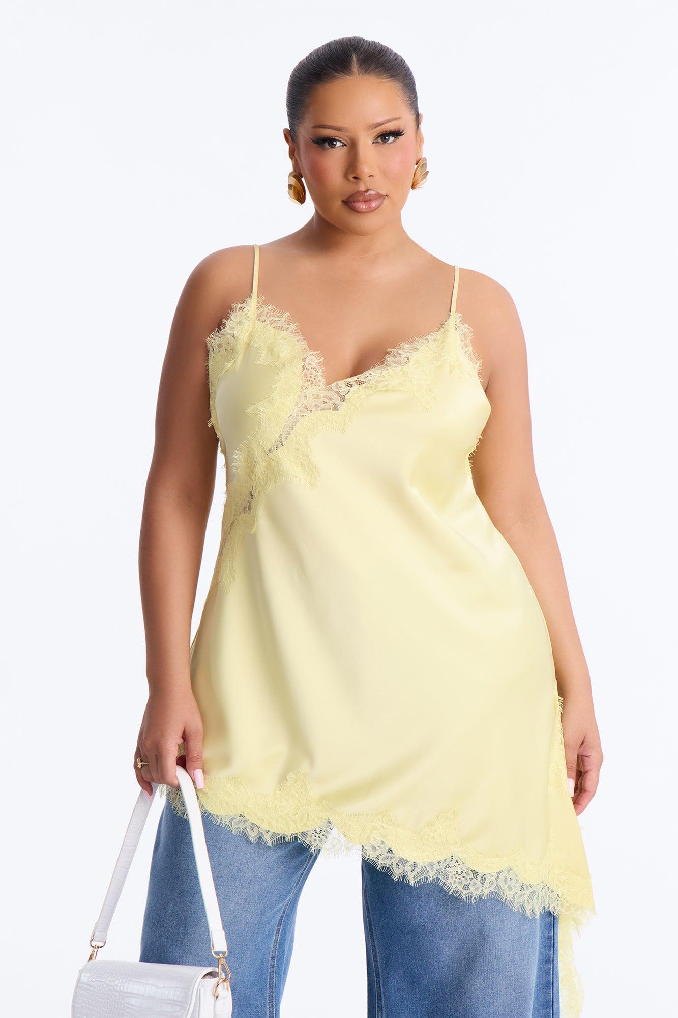 Taste Of Trouble Lace Trim Satin Top - Butter Yellow Female Product Image