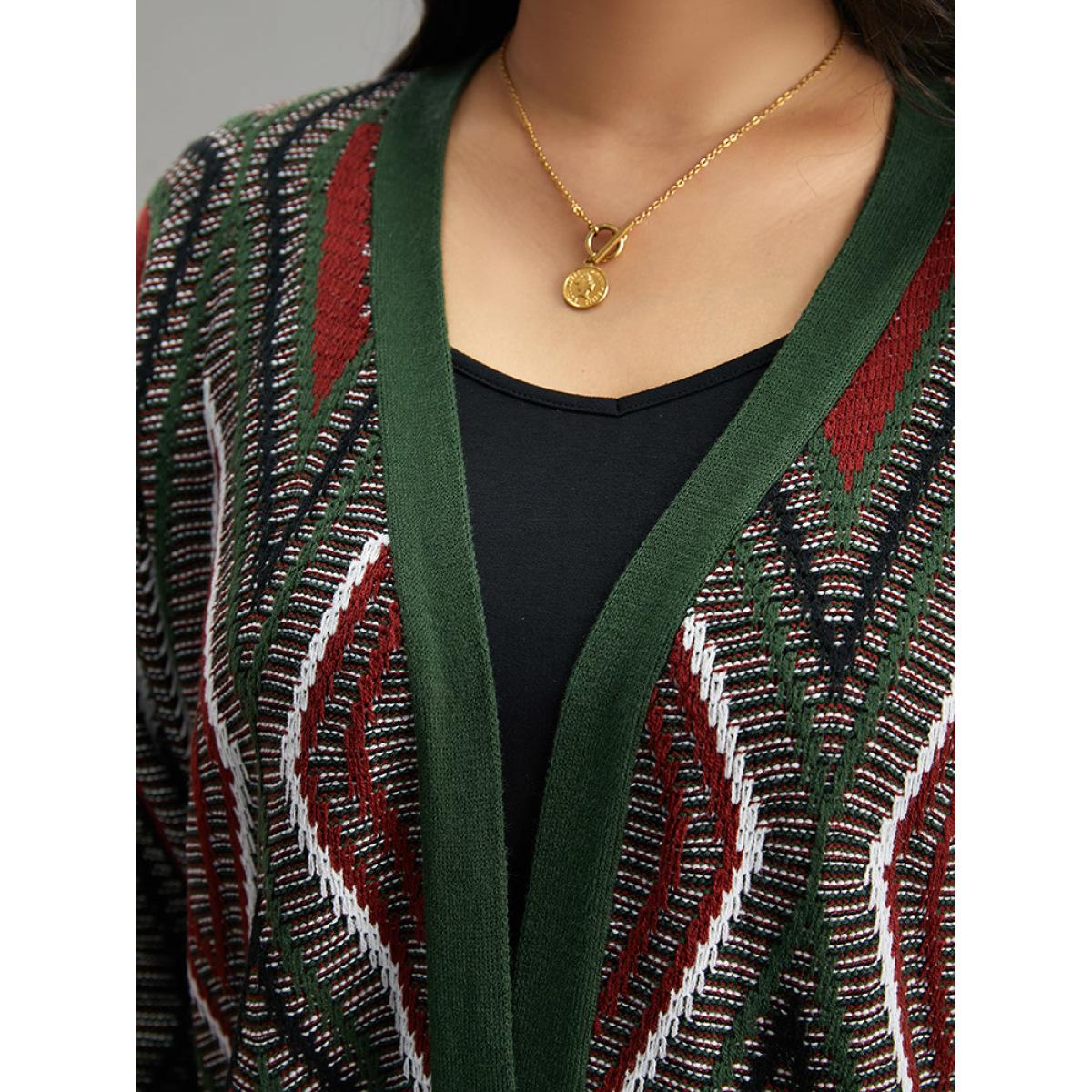 Plus Size Geometric Contrast Open Front Cardigan DarkGreen Women Casual Loose Long Sleeve Dailywear Cardigans BloomChic 12/L Product Image