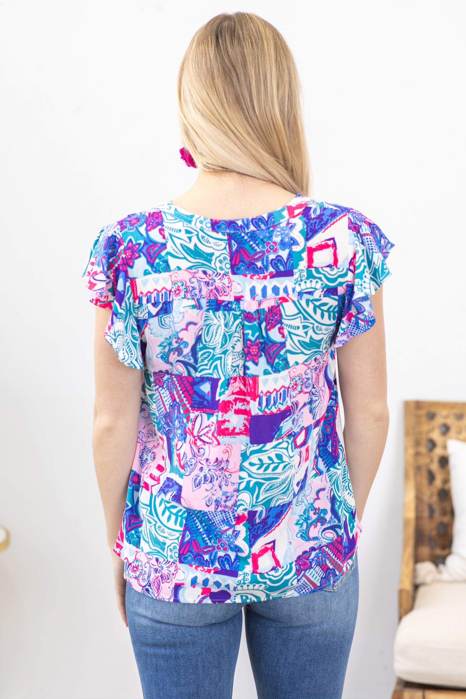 Cornflower And Teal Abstract Woven Top Product Image