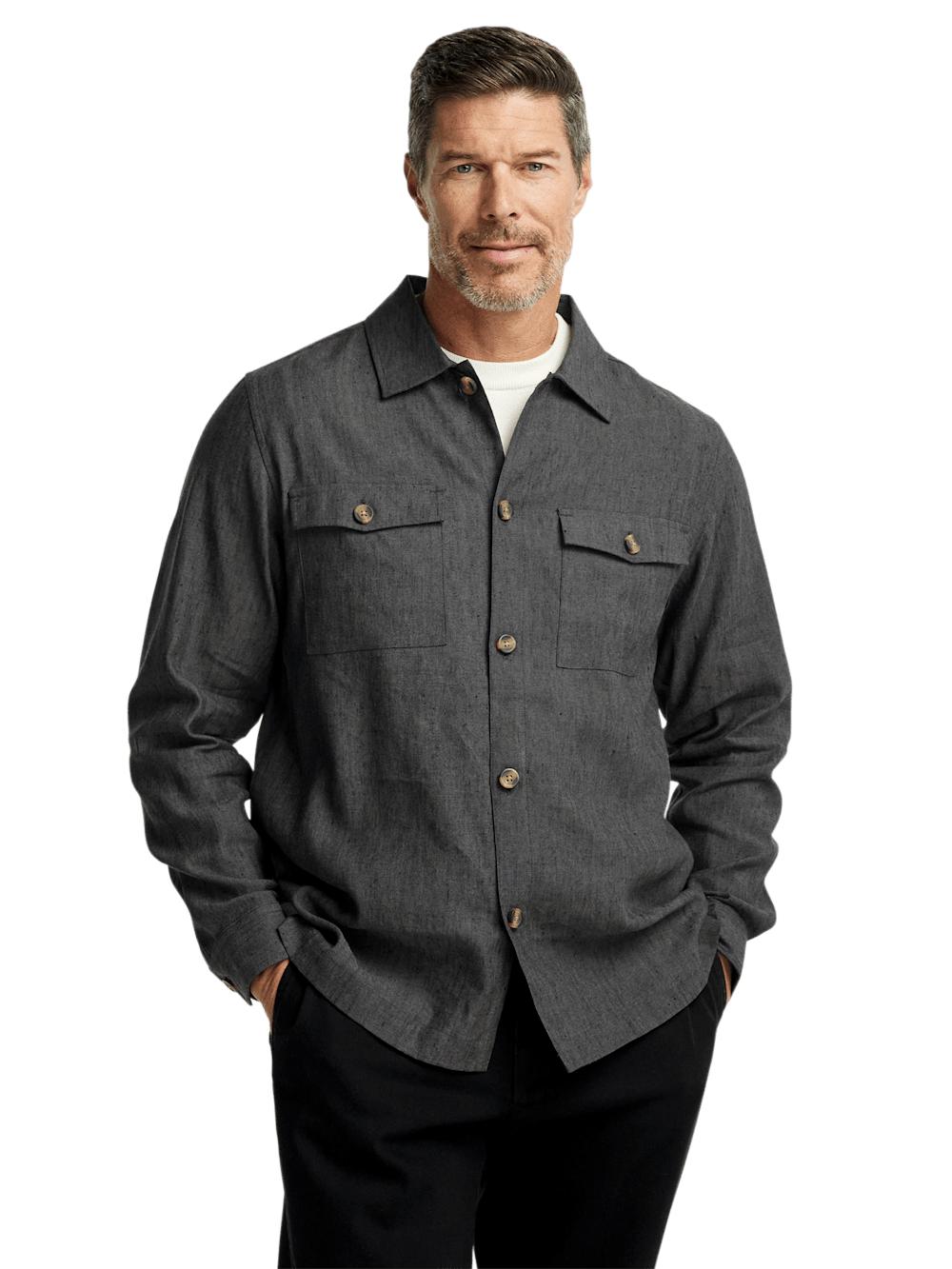 Linen Blend Solid Overshirt - Charcoal Product Image