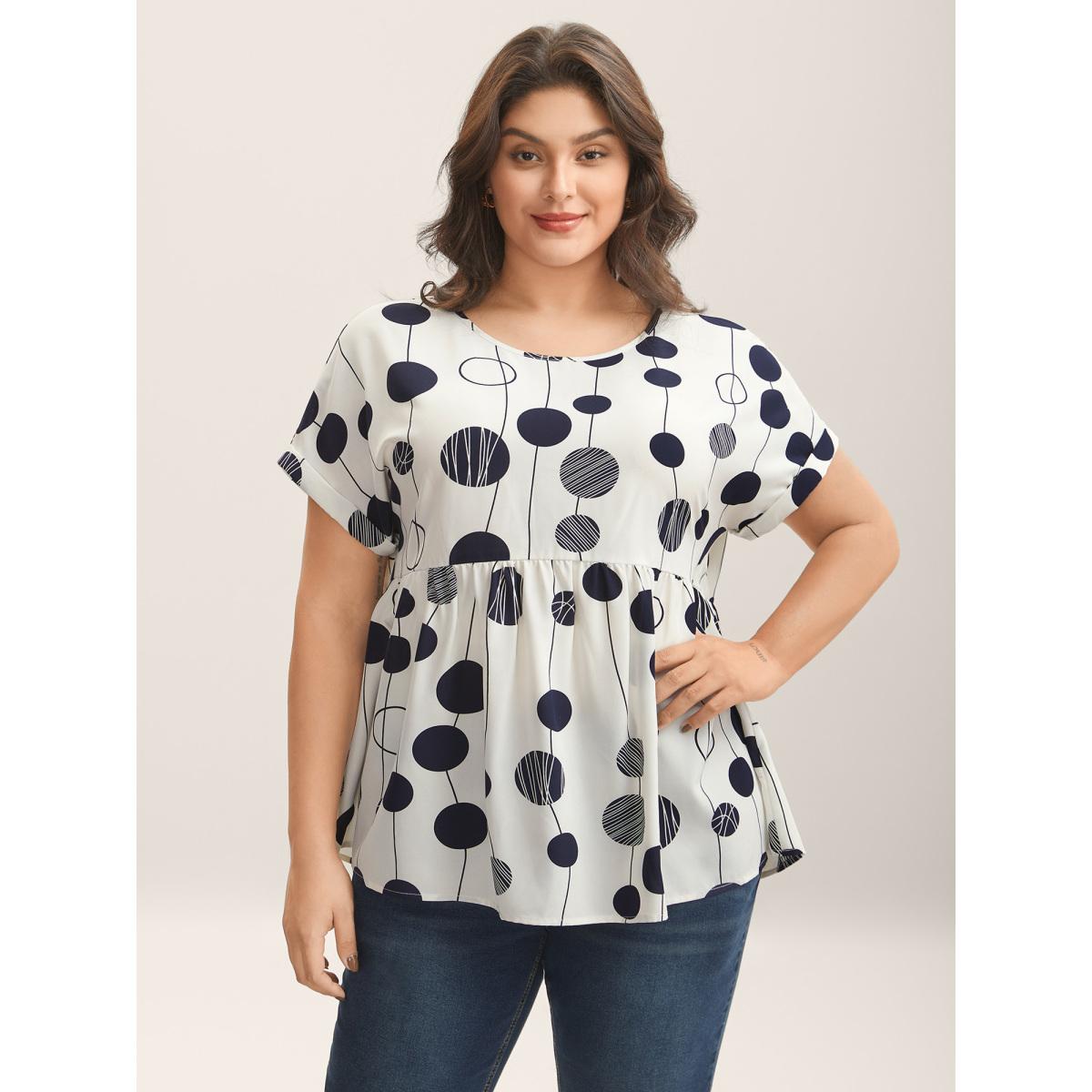 Plus Size Indigo Polka Dots Print Dolman Sleeve Babydoll Top Women Short sleeve Round Neck Work Blouses BloomChic 12/L Product Image