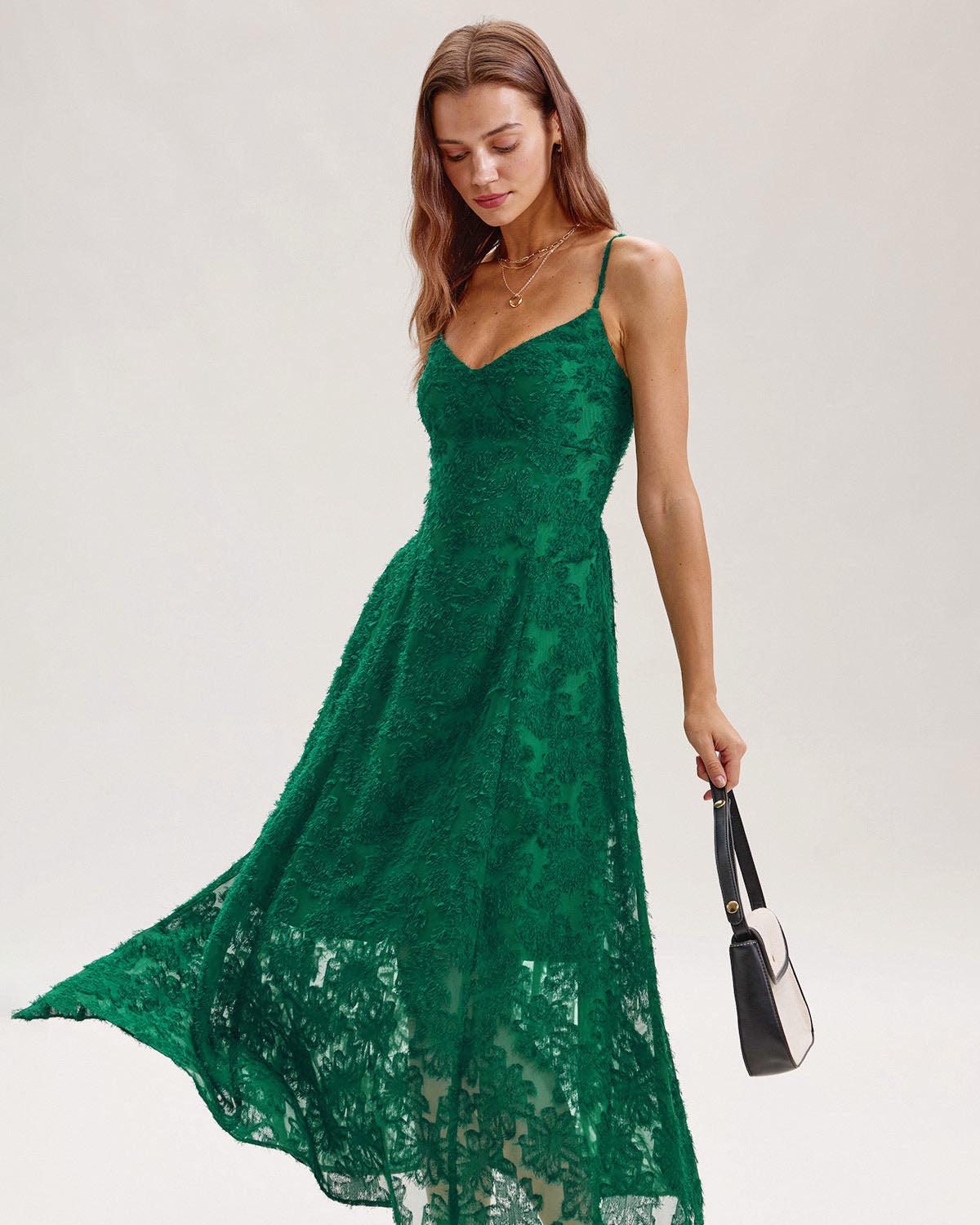 Green Floral Shirred Slip Midi Dress Product Image