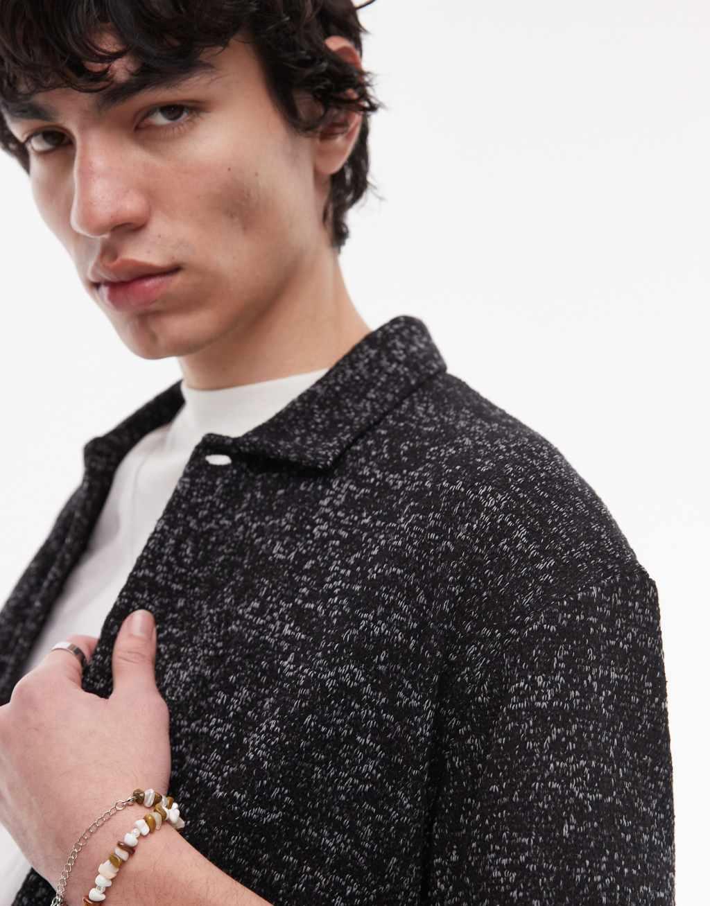 Topman oversized fit textured polo shirt in gray Product Image