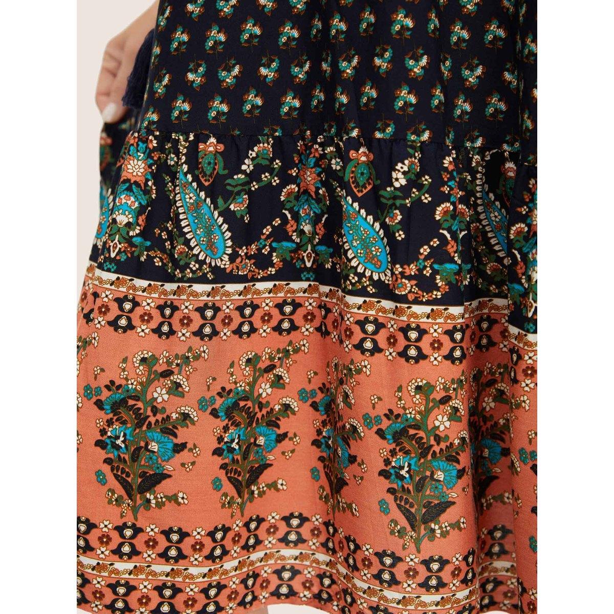 Plus Size Bandana Tassels Lantern Sleeve Ruffle Pocket Keyhole Neck Dress Indigo Women Resort V-neck Elbow-length sleeve Curvy Midi Dress BloomChic 14-16/1X Product Image