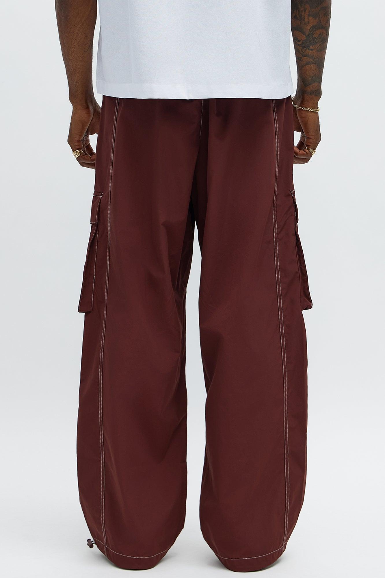 Baggy Stay Moving Contrast Stitch Nylon Cargo Pants - Burgundy Male Product Image