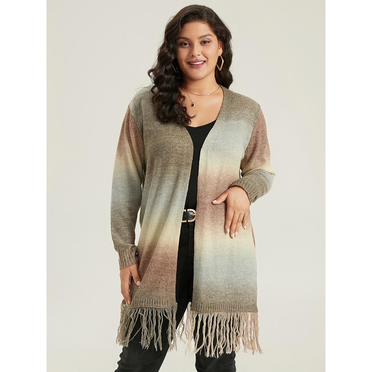 Plus Size Ombre Fringe Trim Open Front Cardigan Multicolor Women Casual Loose Long Sleeve Dailywear Cardigans BloomChic 26/4X Product Image