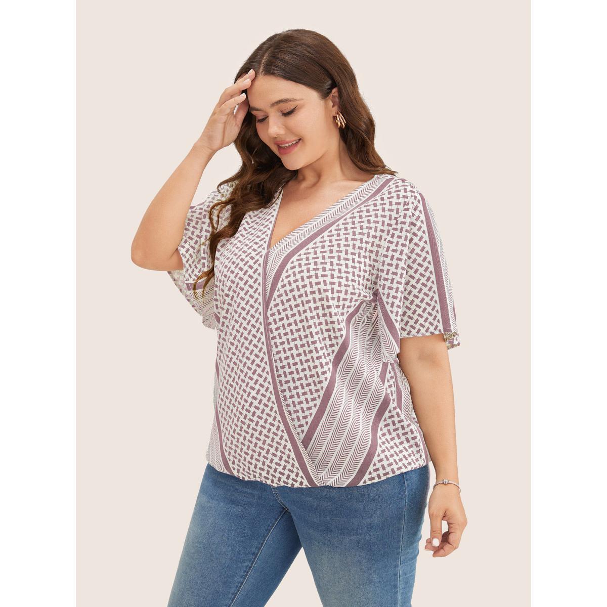 Plus Size DustyPink Geometric Contrast Ruffle Sleeve Wrap Blouse Women Resort Short sleeve Overlap Collar Vacation Blouses BloomChic 18-20/2X Product Image