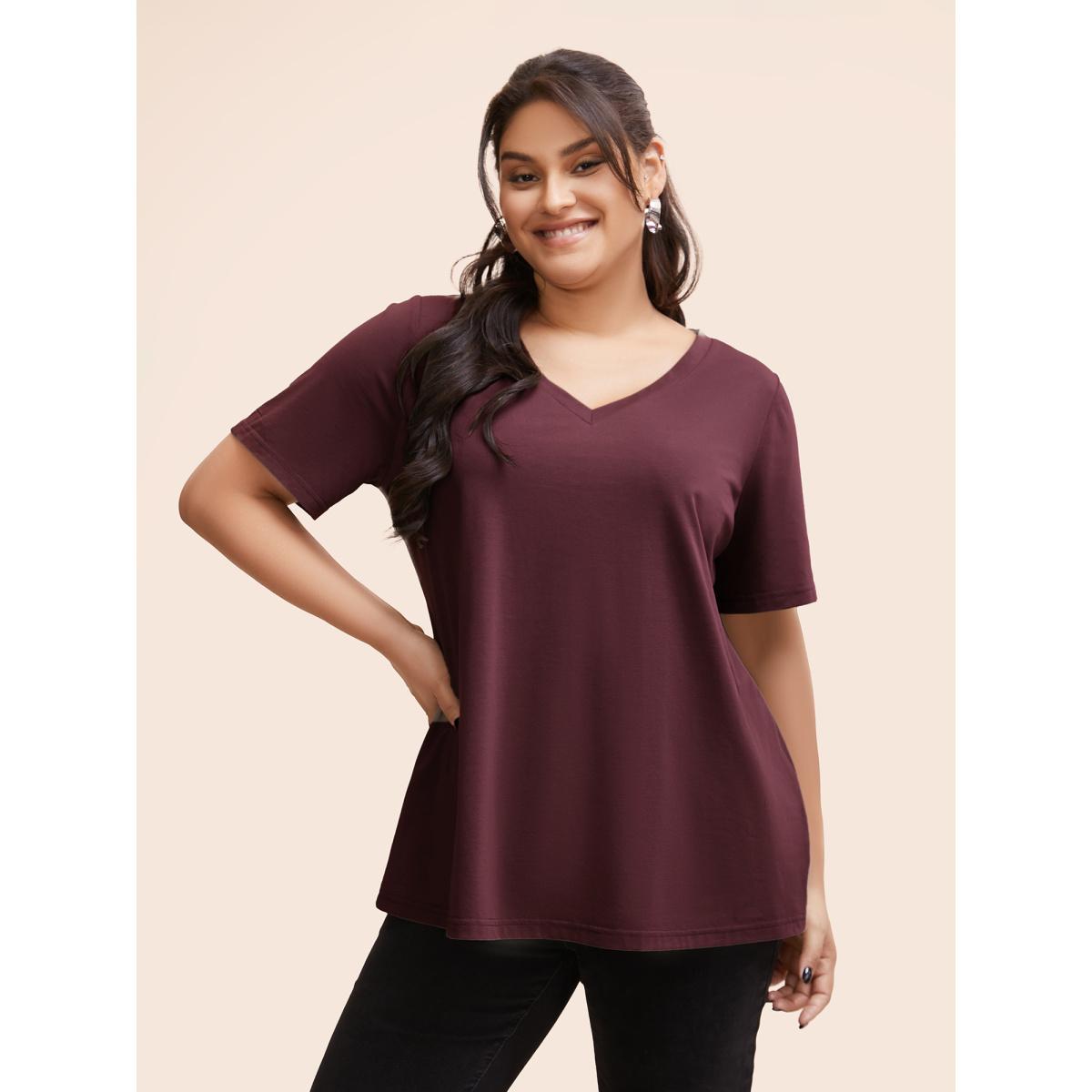 Plus Size Solid Twist Back V Neck Short Sleeve T-shirt Black Women Casual Plain Plain V-neck Dailywear T-shirts BloomChic 26/4X Product Image
