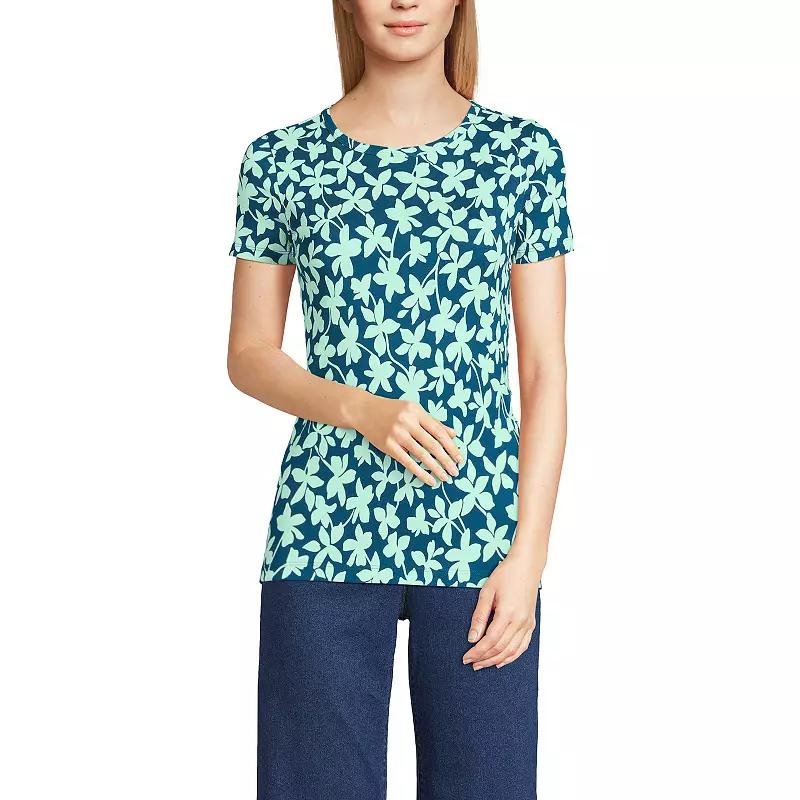 Womens Lands End All-Cotton Crewneck Tee Blue Stencil Floral Product Image