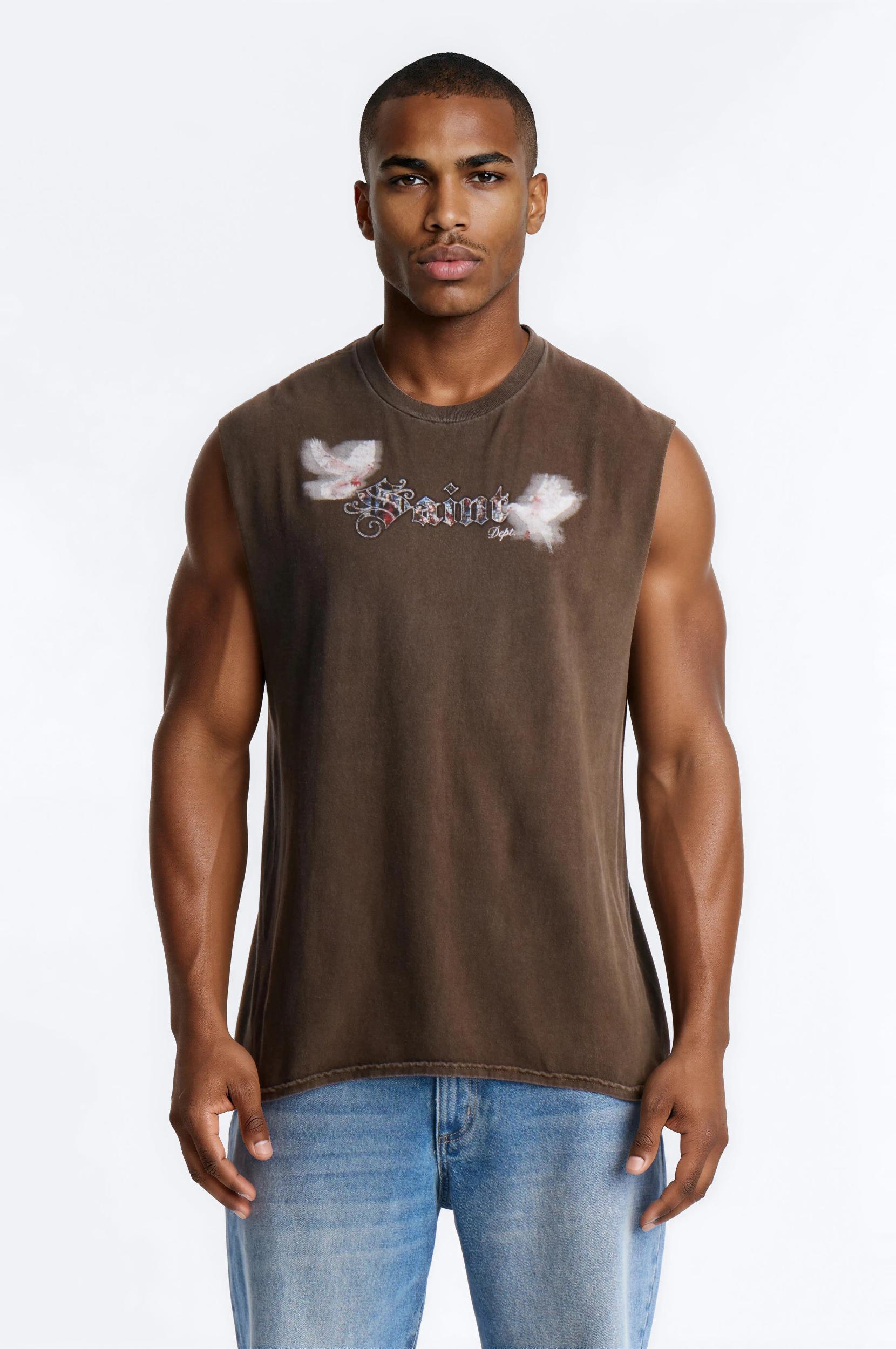 Saint Doves And Angel Vintage Print Muscle Tank Shirt - Taupe Male Product Image