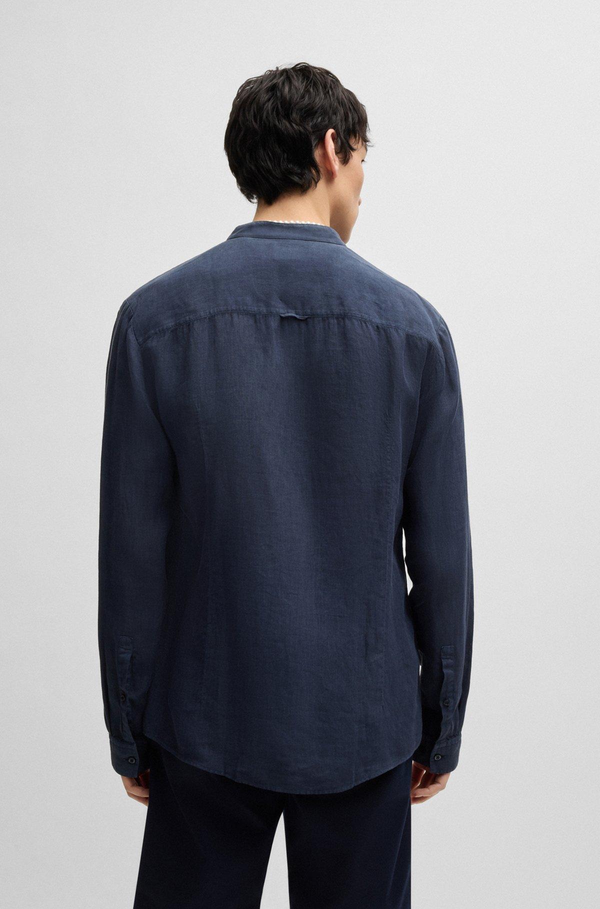 Slim-fit linen shirt with stand collar Product Image