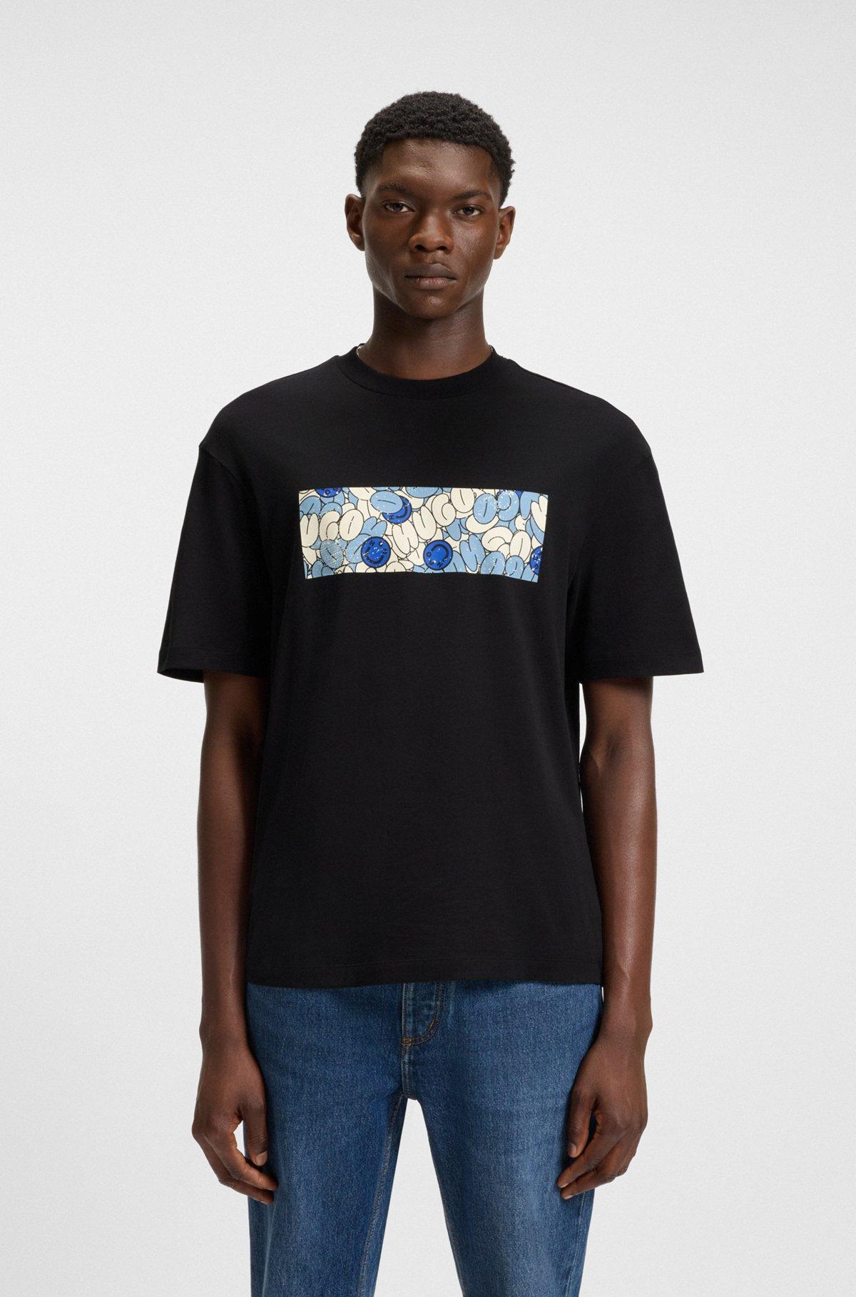 HUGO - Cotton jersey T-shirt with mixed-print logo - Black Product Image