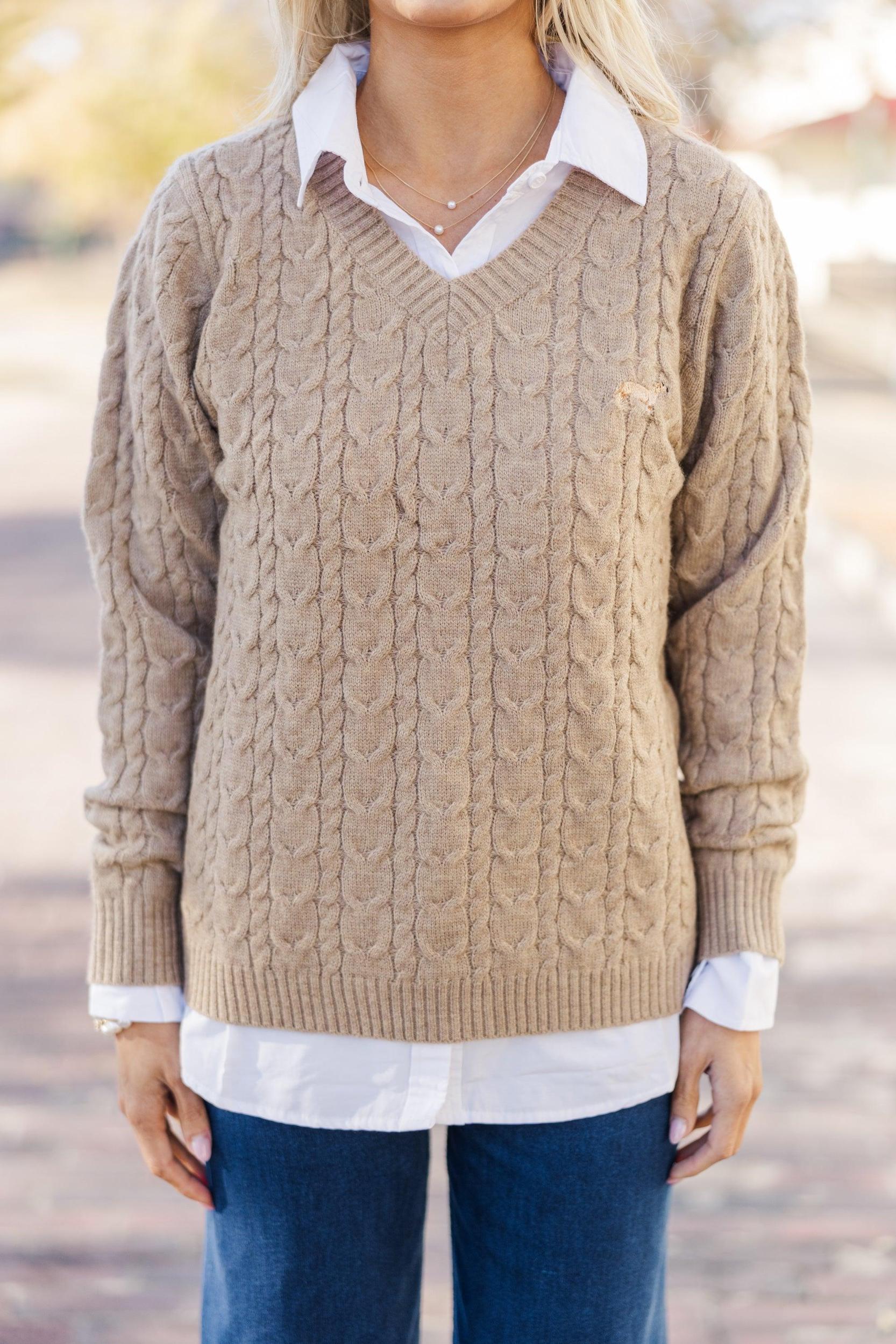 Can't Forget Taupe Dachshund Cable Knit Sweater Female Product Image