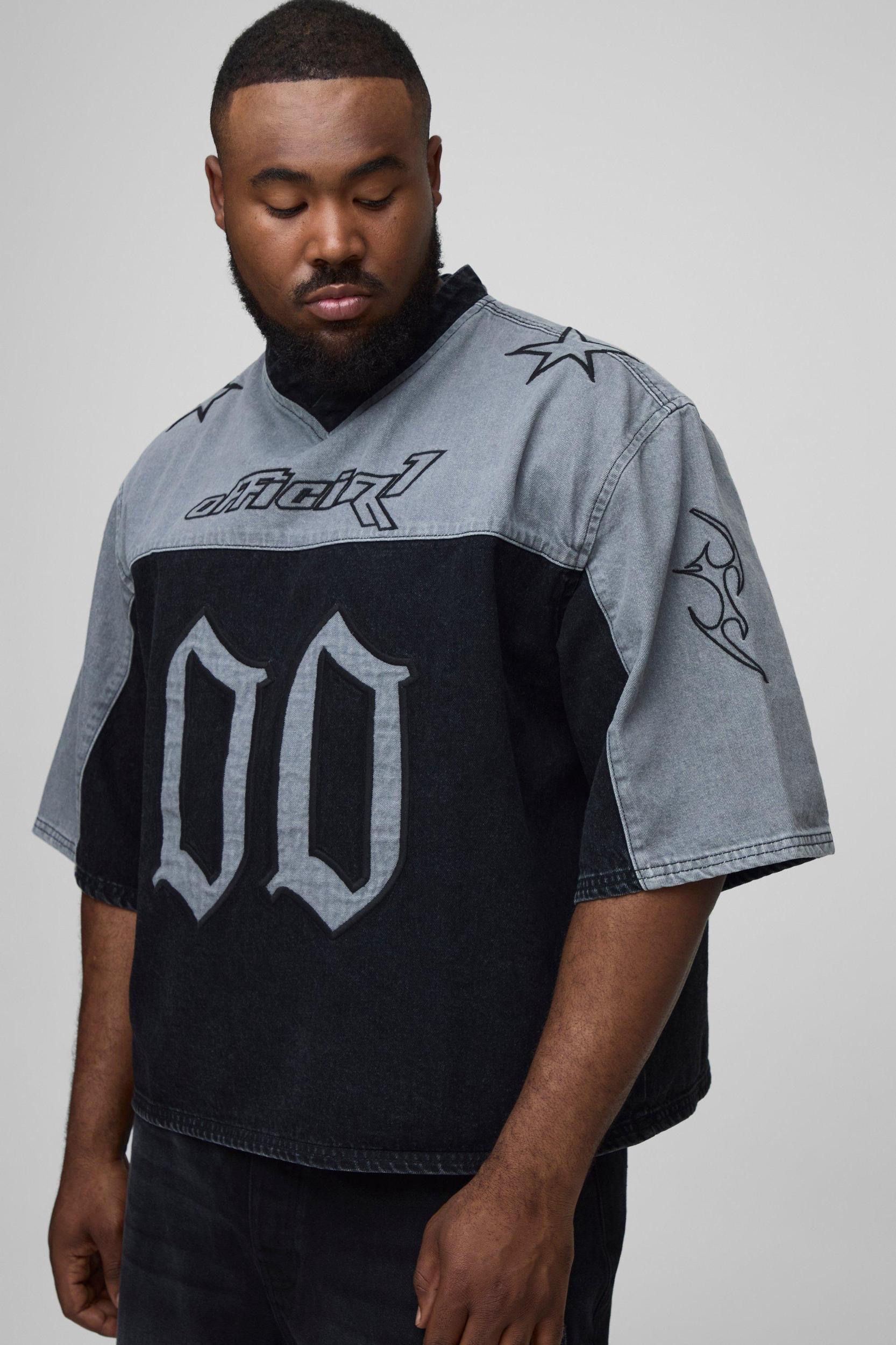 Plus Oversized Embroidery Football Denim T-Shirt | boohooMAN USA Product Image
