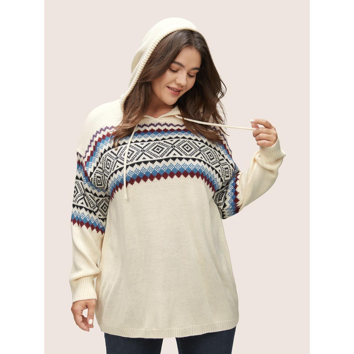Plus Size Geometric Jacquard Drop Shoulder Drawstring Pullover Ivory Women Casual Loose Long Sleeve Hooded Everyday Pullovers BloomChic 30/6X Product Image
